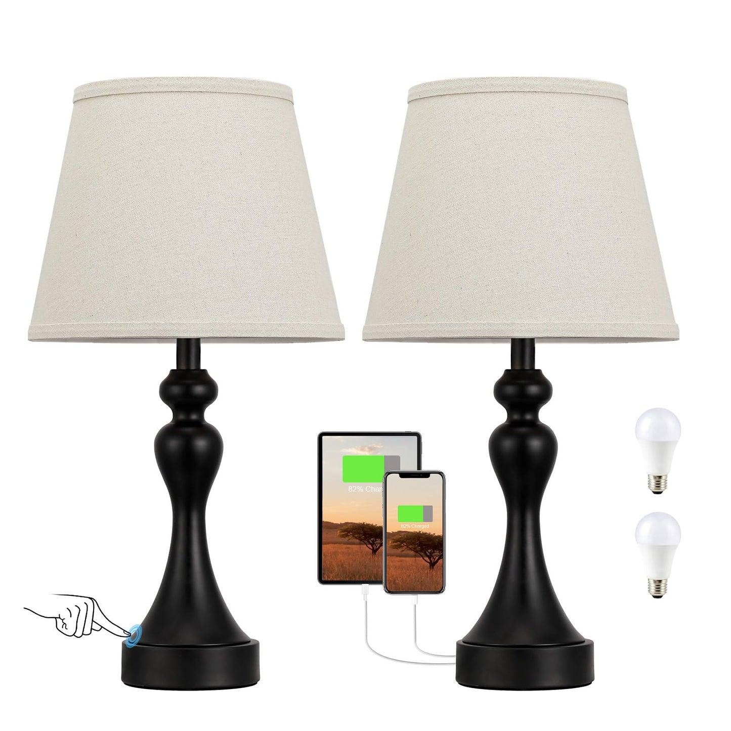 Seealle Touch Lamps for Nightstand - Bedside Lamps Set of 2, 3 Way Dimmable, USB C+A for Bedroom & End Tables (LED Bulbs Included)