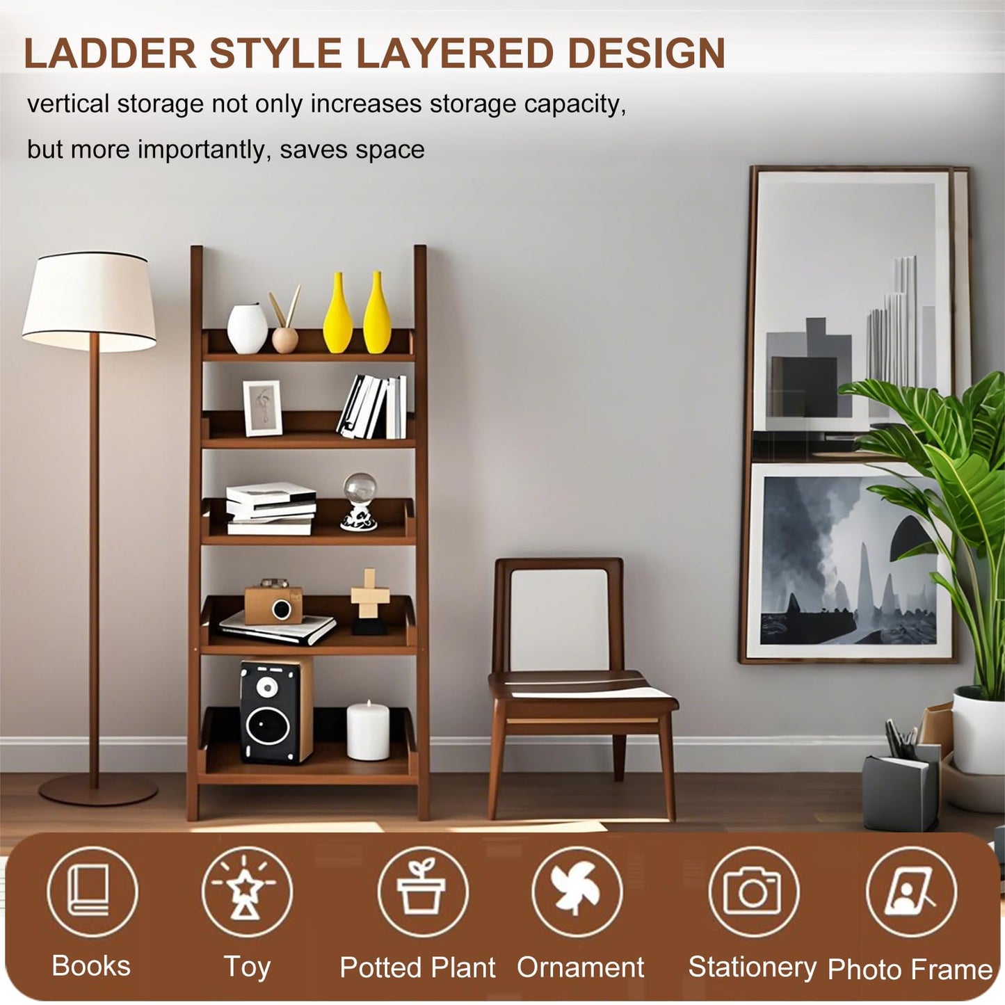 BFECGDXT Ladder Shelf Bookcase, 5 Tier Walnut Wooden Ladder Bookshelf, Space-Saving Freestanding Storage Rack for Living Room, Home Office and Bedroom, 55.1" H