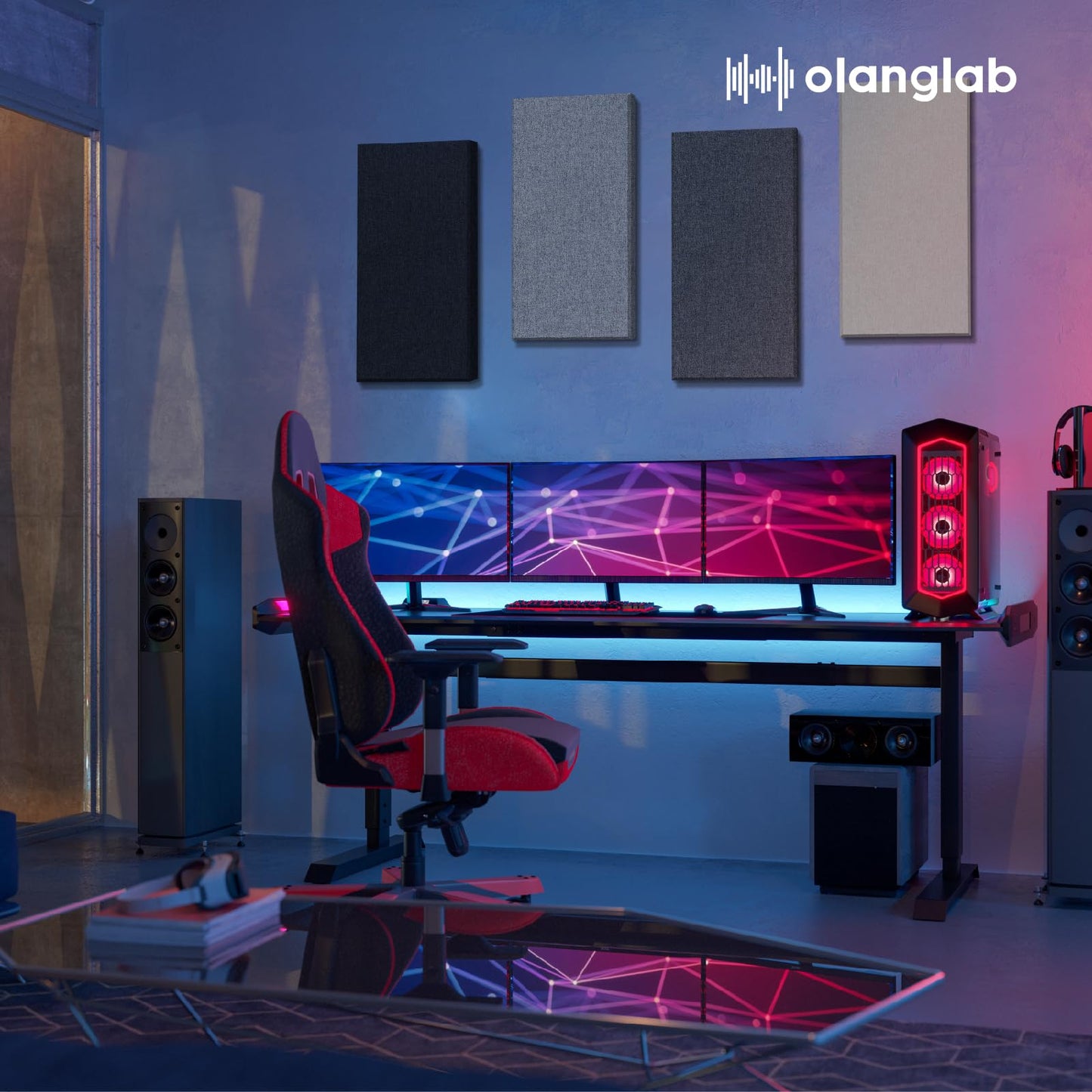 Olanglab Fiberglass Acoustic Wall Panels 4 Pack, 11.8'' x 23.6'' Sound Panels, Fabric Wrapped Sound Proof Panels for Walls (Dark Grey)