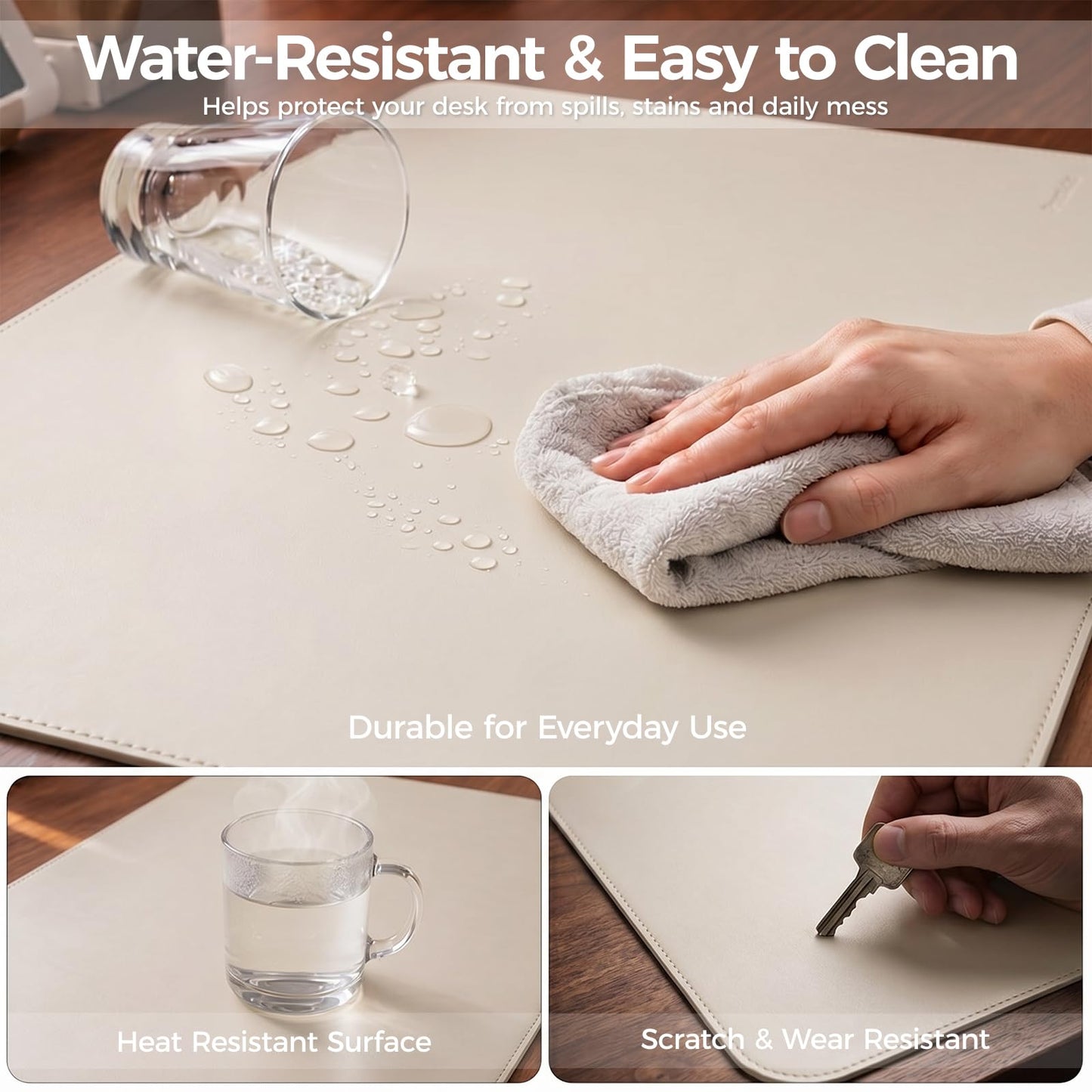 PROMATTOO Large Desk Pad Non-Slip Desk Mat Protector for Keyboard Mouse Waterproof Vegan Leather Surface Faux Leather Laptop Mat Smooth Mouse Pad Premium Gift Tube Creamy White 35" x 17"