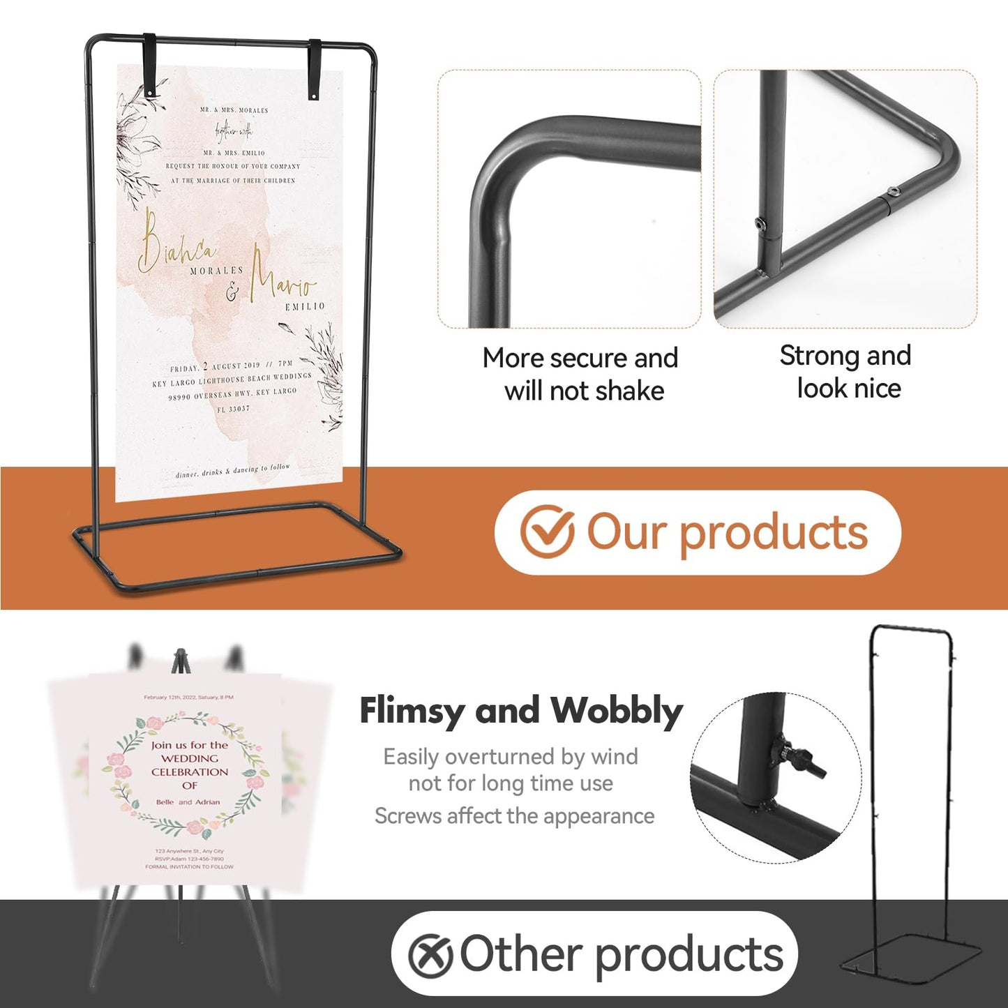 Wedding Welcome Sign Stand, 68”x31”x 20” Heavy Duty Easel Stand for Sign with 4 Leather Strap, Welcome to Our Wedding Sign Holder, Metal Floor Standing Easels for Valentines Day, Signs, Poster, Black