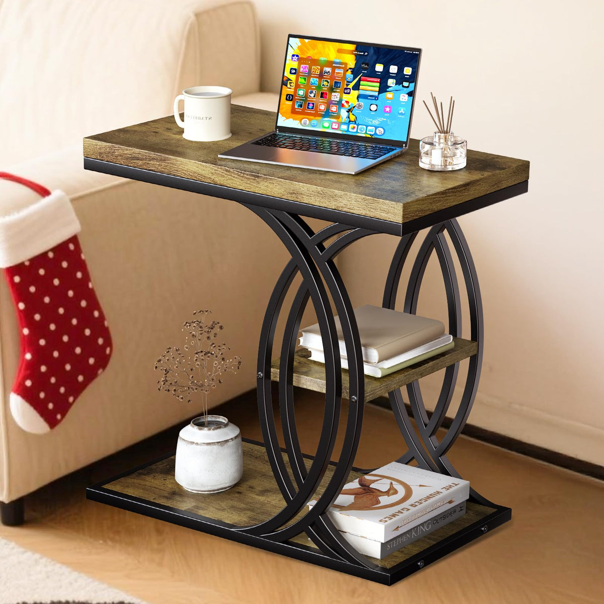 FJLHOHG C Shaped End Table, Bed Side Table, 3-Tier Side Table with Metal Frame, Wood End Table with Storage for Living Room, Couch, Sofa, Bedroom, Easy Assembly, 23.6" D*11.8" W*23.6" H, Rustic Brown