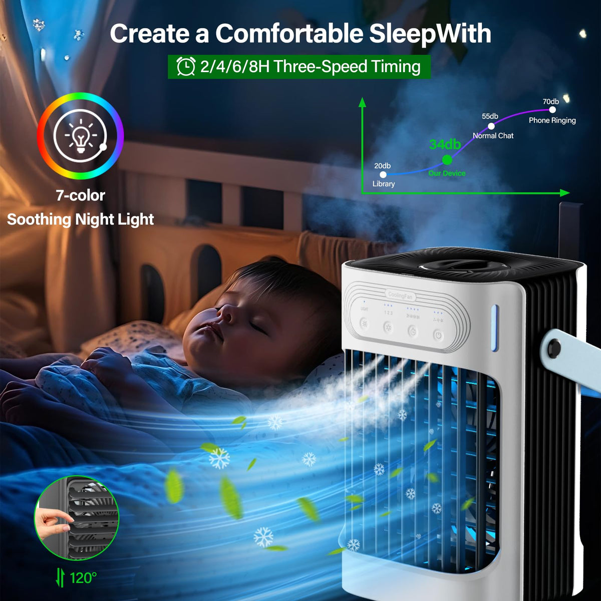 Portable Air Conditioners Cooling Fan, 800ml Mini Air Conditioner Portable AC Unit with 3 Cool Mist & Speeds, 7 Night Light & 2-8H Timer, Personal Air Cooler for Bedroom Office Camping