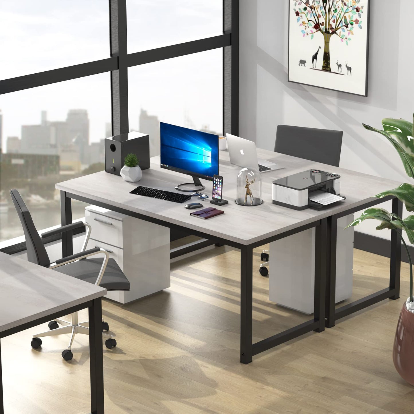 NSdirect 63" Large Computer Desk,Modern Simple Style PC Table Office Desk Wide Workstation for Study Writing,Gaming and Home Office,Extra 1" Thicker Wooden Tabletop and Black Metal Frame,White+Black