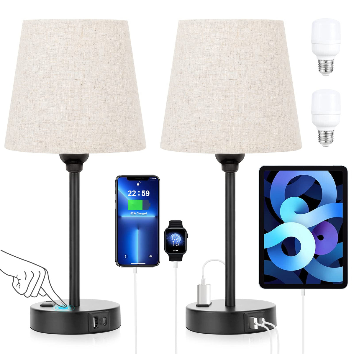 Mini Bedside Lamps for Bedrooms Set of 2 - Nightstand Bedroom Lamps with USB C Port and AC Outlet Charging, Dimmable Touch Small Bed Side Table Lamp, Black Night Stand Light for Kids/Guest Room