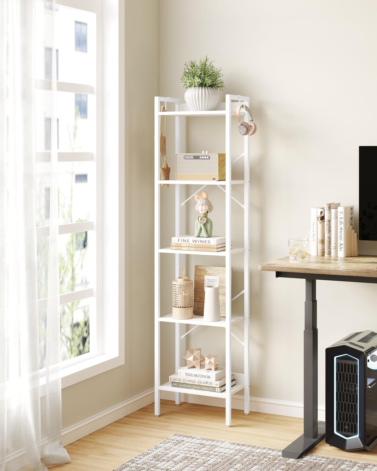 Hzuaneri Bookshelf, Book Shelf, Industrial Bookcase with 2 Hooks, Coner Shelf Storage Organizer for Home Office, Living Room, Bedroom, Kitchen, 5-Tier White BC10513W