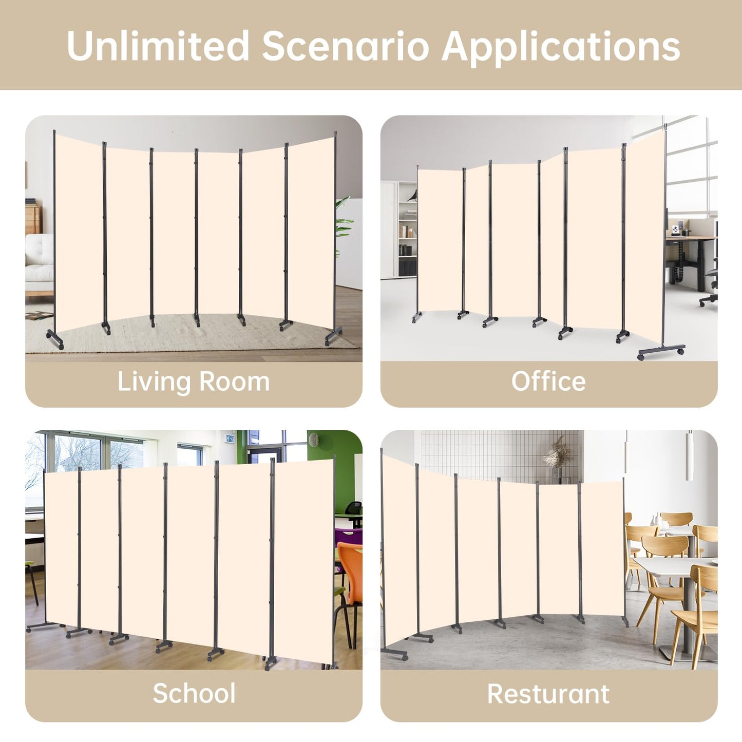 Room Divider 6 Panel Room Dividers/Wheels, Fabric Room Divider Panel for Office Room Partitions and Dividers, Portable Partition Wall Divider for Room Separation, Freestanding Privacy Screen Indoor