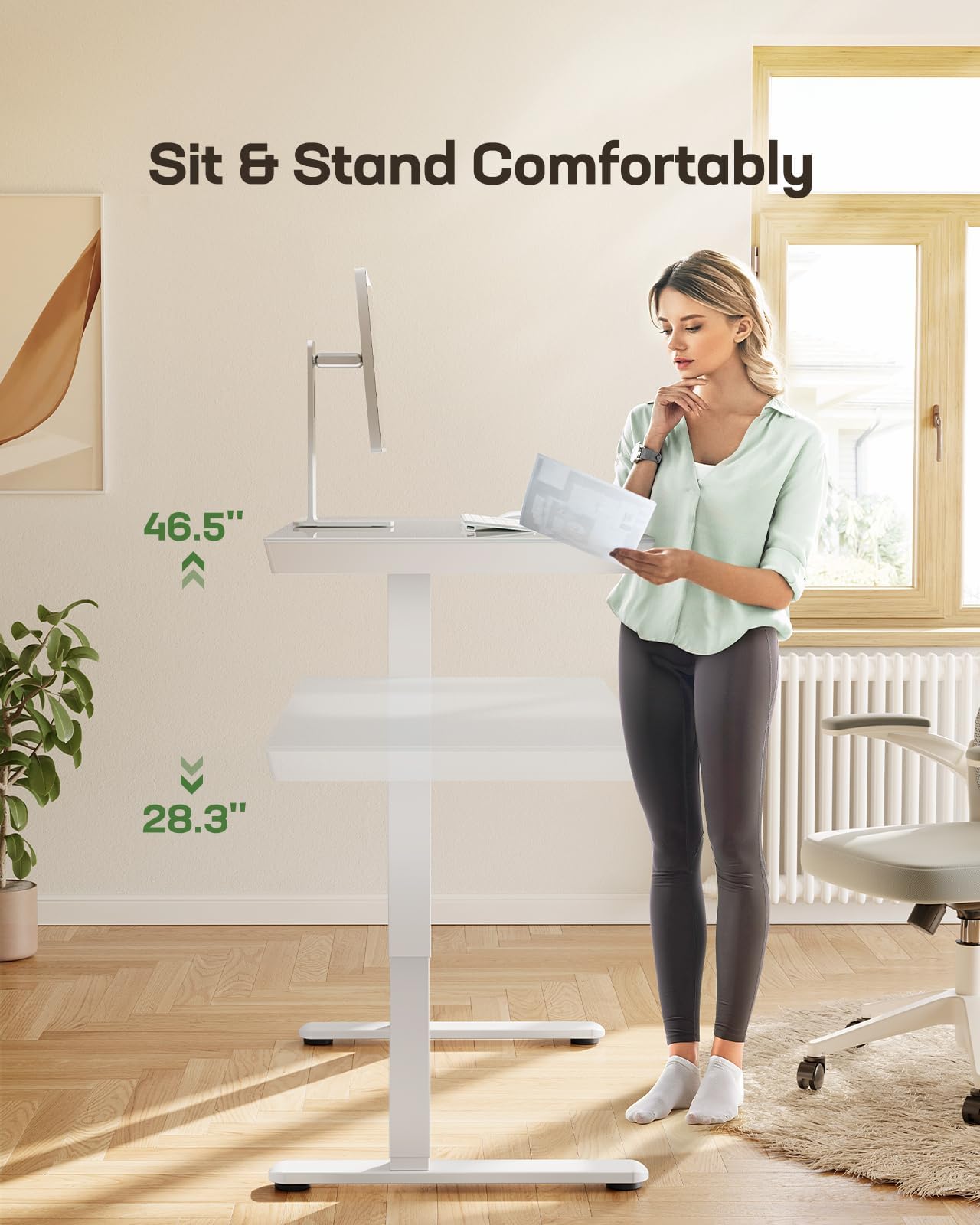 Marsail Glass Standing Desk with Drawer, 48x24 inch,Sit Stand Desk with One-Piece Tabletop & USB Charging Ports, Computer Table with Storage for Home & Office White