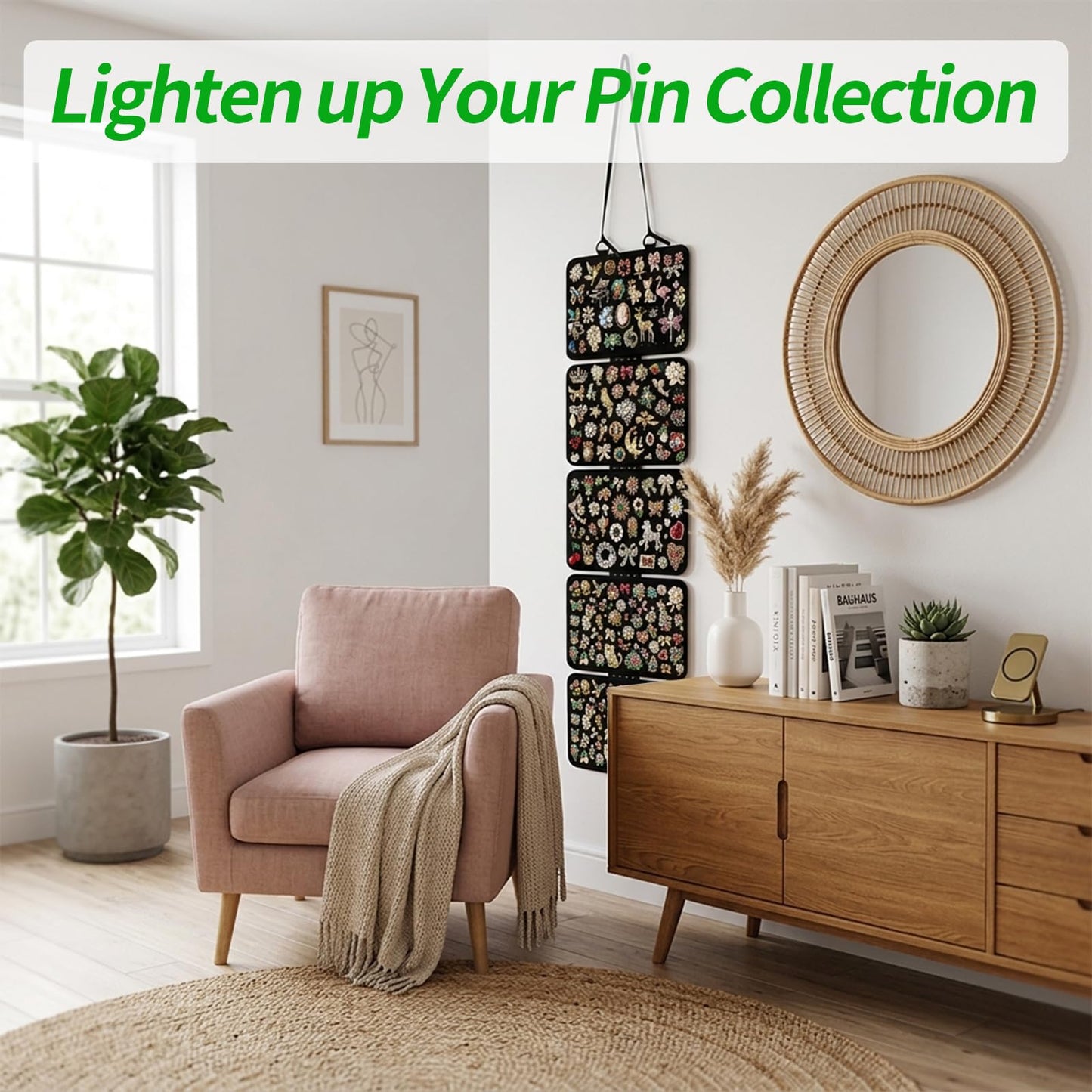 CENELO Hanging Pin Display Panels Organizer with 5 Loose-Leaf Board Pieces & 4 Hooks