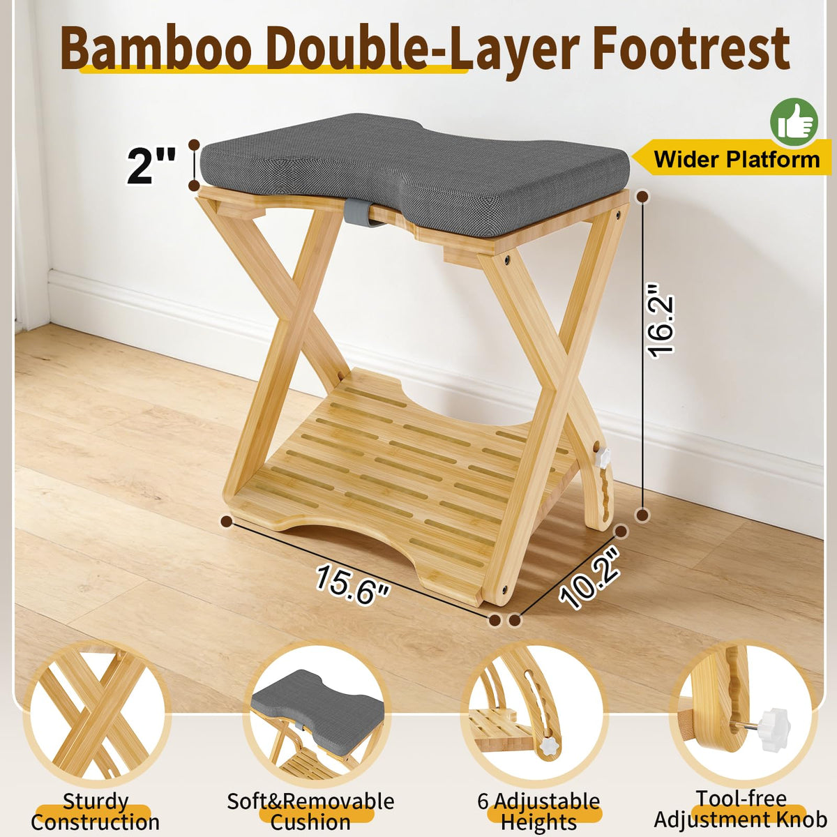 Double Step Foot Rest Under Desk at Work, Bamboo Foot Stool with 6 Adjustable Heights, Ergonomic Under Desk Footrest with Cushion for Home, Office & Gaming (Natural Color)