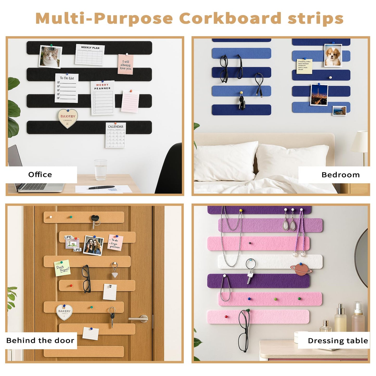 Felt Bulletin Board Strips for Wall 16 Pack 13"x2" - Felt Pinboard Strips with 70 Push Pins and 200 Sticky Notes, Adhesive Cork Board Alternative for Office, Dorm, Photos, Notes (Mix Blue)