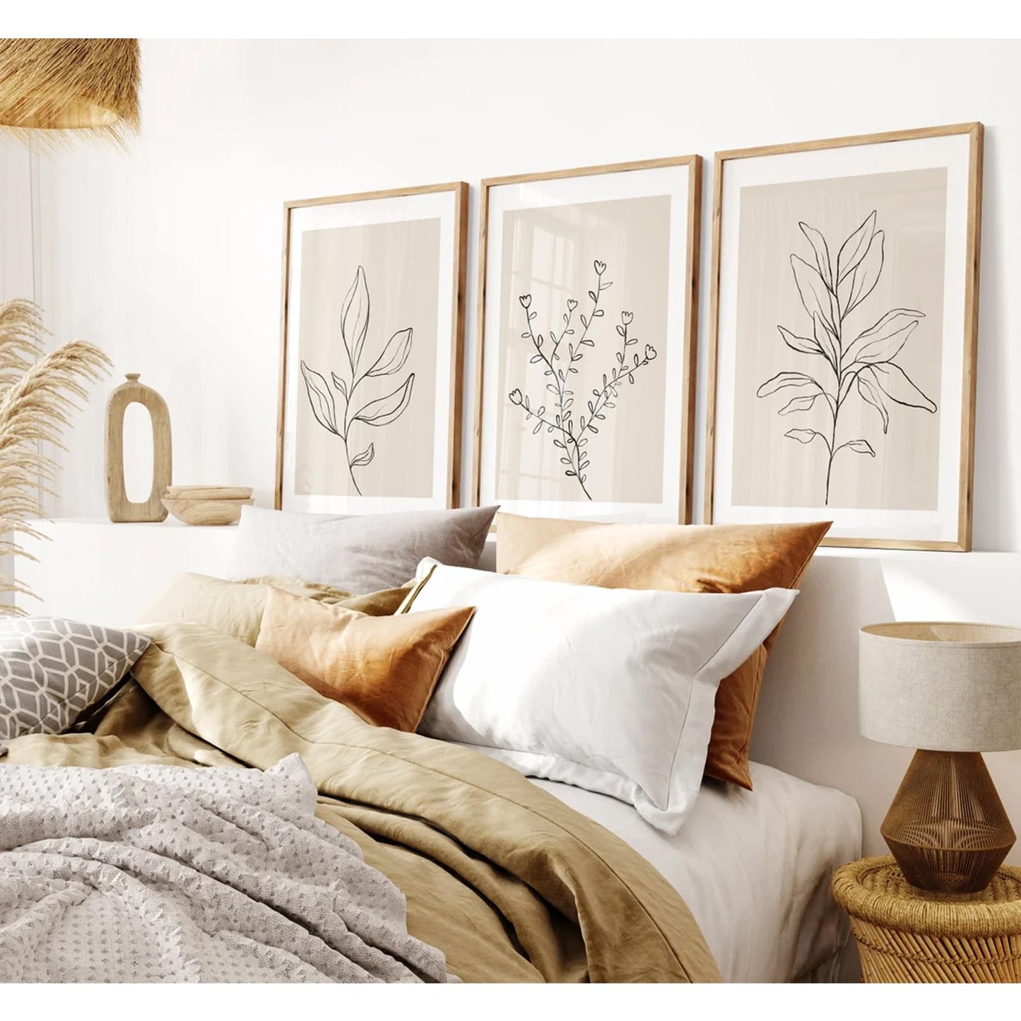 Joocrise Botanical Wall Art Decor Set of 3 Neutral Wall Decor Boho Beige Canvas Wall Art Botanical Minimalist Pictures Botanical Neutral Prints Beige Boho Artwork for Room Bedroom 12x16 Inch Unframed