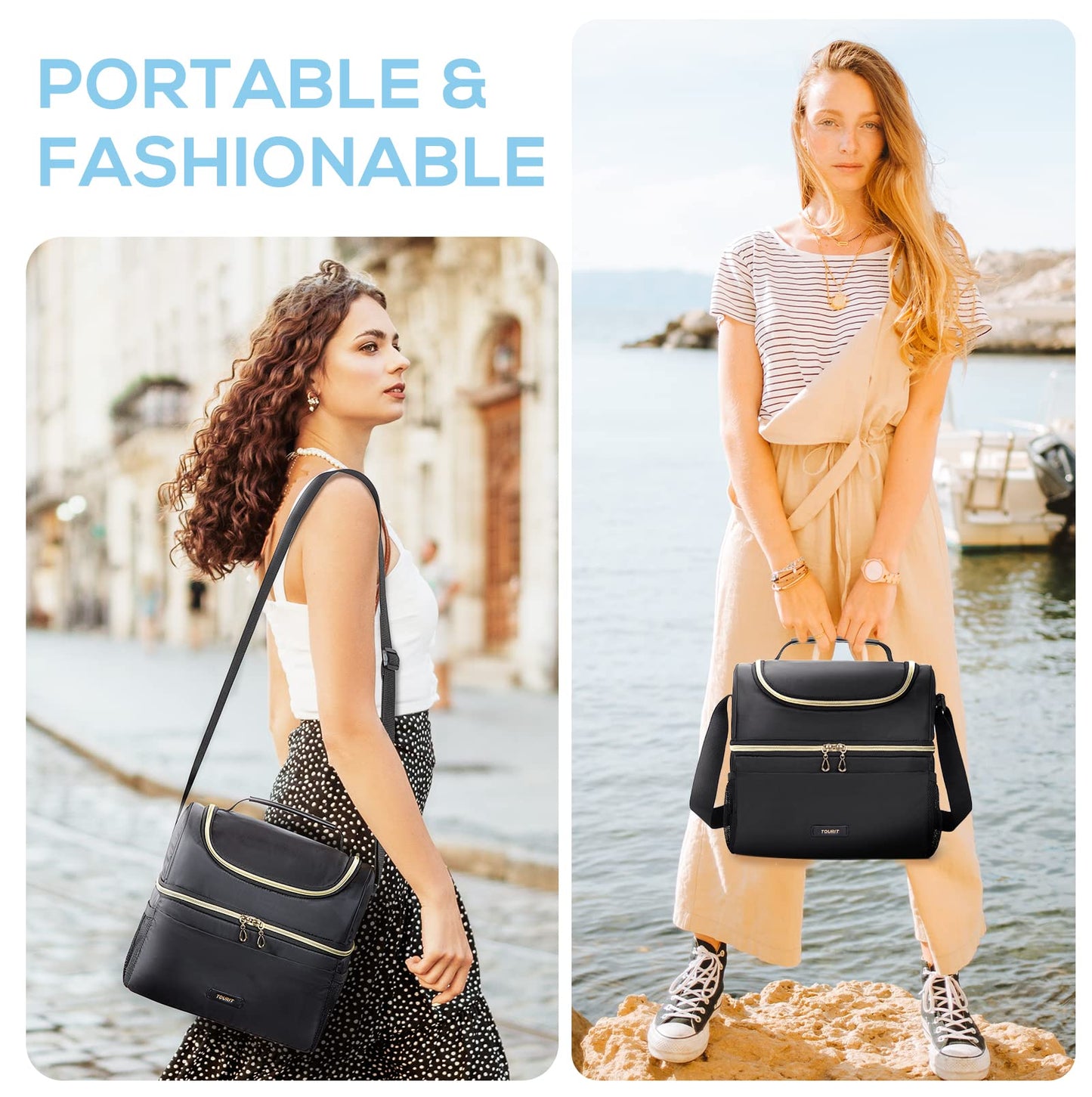 TOURIT Insulated Lunch Bag with Dual Compartment, Leakproof Cooler Tote for Work Office Picnic, Thermal Food Container Black