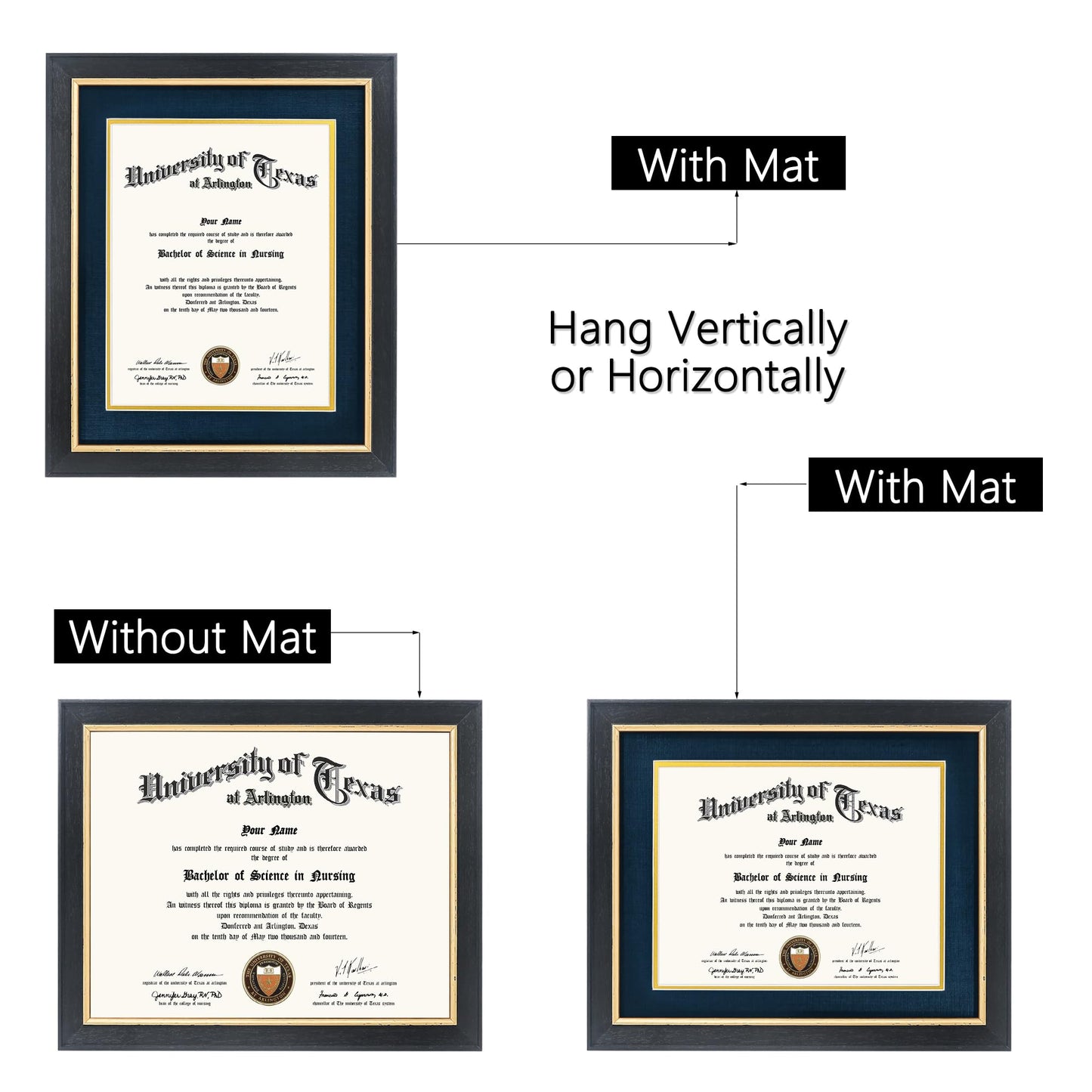 GMFrames 8.5x11 Wood Diploma Frame with Navy Mat or Display 11x14 Certificates without Mat,Tempered Glass,Rustic Black Finish with Gold Trim