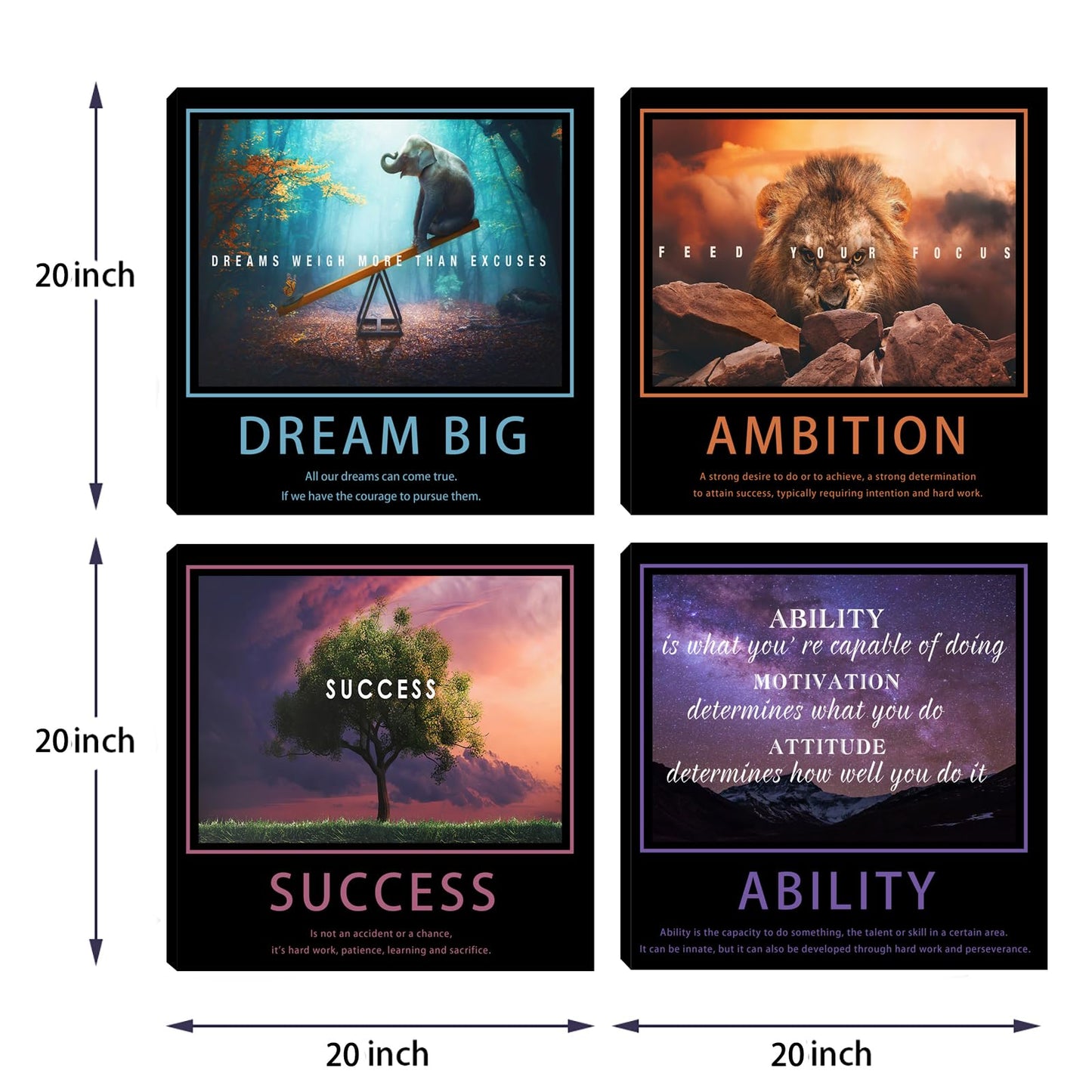 Motivational Wall Decor Art Office Wall Decor Inspirational Wall Art Success Canvas Paintings Quotes Posters Wall Picture 4 Pieces Framed Artwork Living Room Bedroom Home Decoration 20"x20"x4pcs