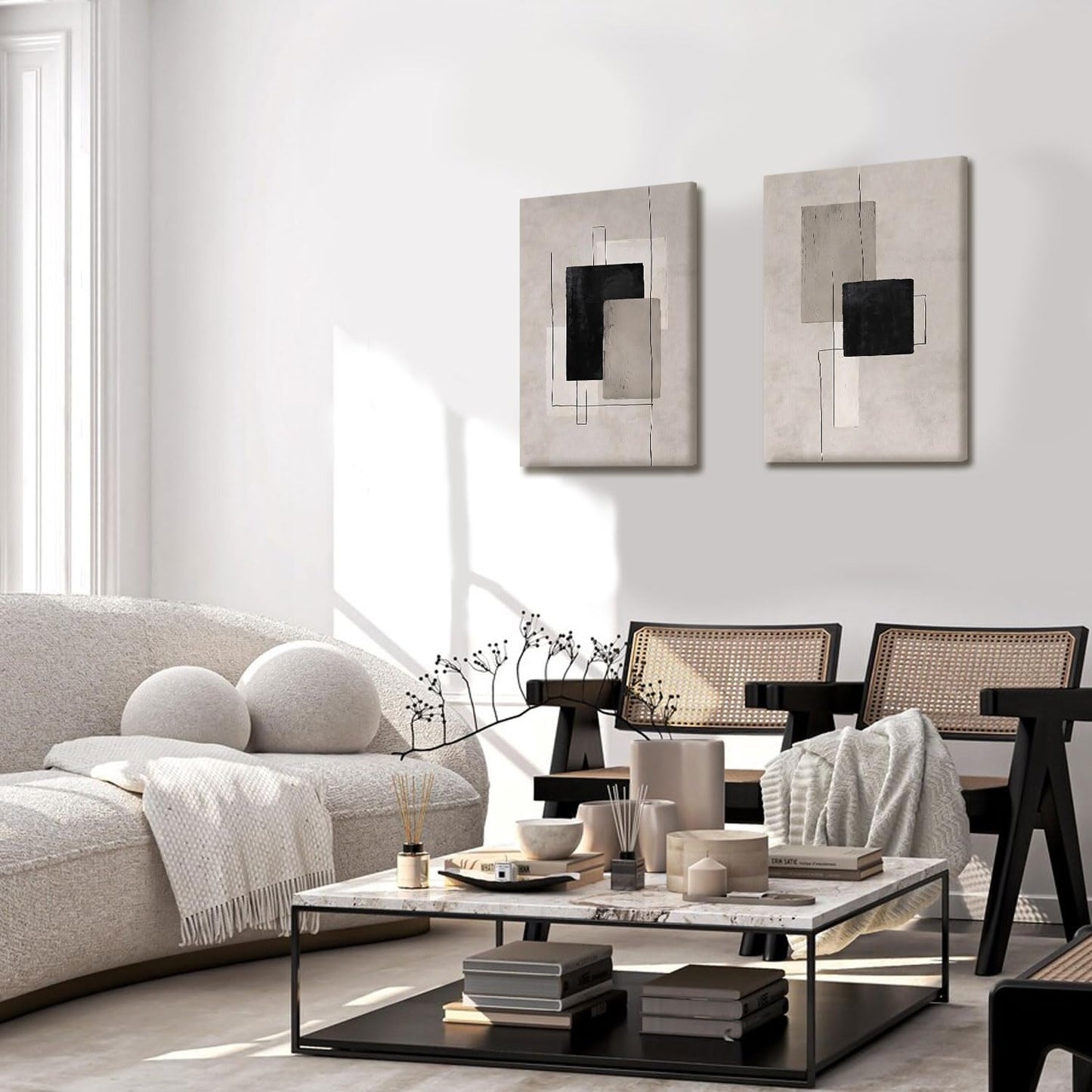 Kdyudo 2 Pcs Large Minimalist Block Line Canvas Framed Wall Art Neutral Abstract Print Poster Wall Decor Black Beige And Brown Geometric Square Line Painting Pictures Living Room Bedroom 12x16 Inch