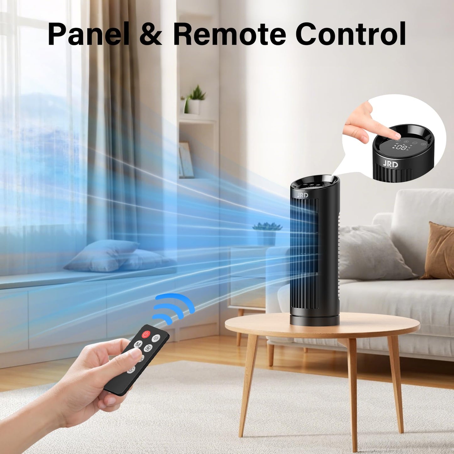 JRD 13'' Tower Fan for Bedroom, Quiet Cooling Desk Fan with Remote, 80° Oscillating, 3 Speed, 4 Mode, 12h Timer, Digital Touch Screen, Portable, Safe Bladeless Table Fan for Home Desktop Office