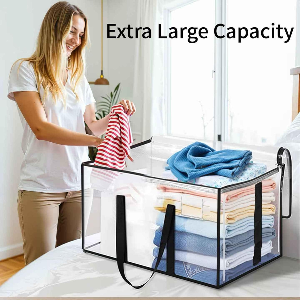 8 Pack-Extra Large Heavy Duty Moving Bags - Waterproof Storage Totes with Handles & Zippers, Foldable for College Dorm, Storage (Clear)
