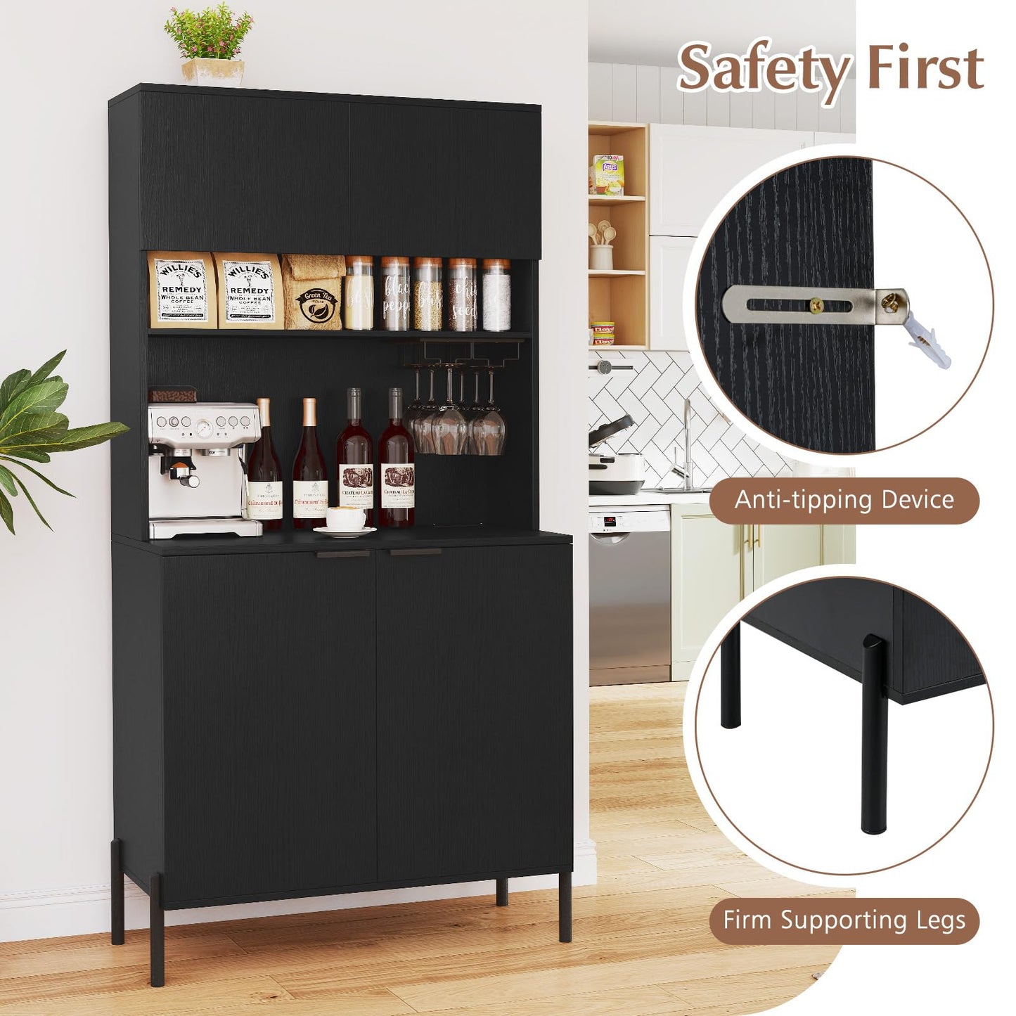 Giantex 64.5" Kitchen Pantry Cabinet with Charging Station, Tall Buffet Hutch with Storage Cabinets, Adjustable Shelf, Wine Racks, Modern Sideboard for Dining Room, Living Room, Coffee Bar, Black