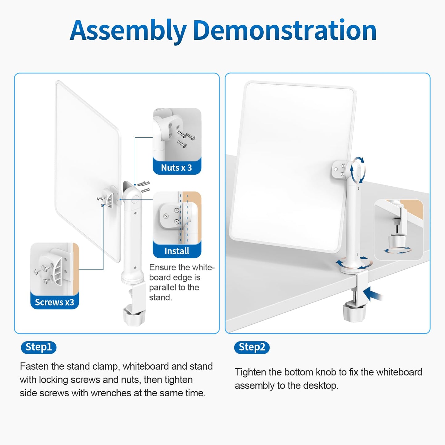 Double-Sided Clamp-On Desk Whiteboard, 360° Swivel Desktop Dry Erase Board for Office & Home Study, Fits Desks Under 2.3" Thick, Space Saving Memo Board (16" x 12") with Markers(1pc)