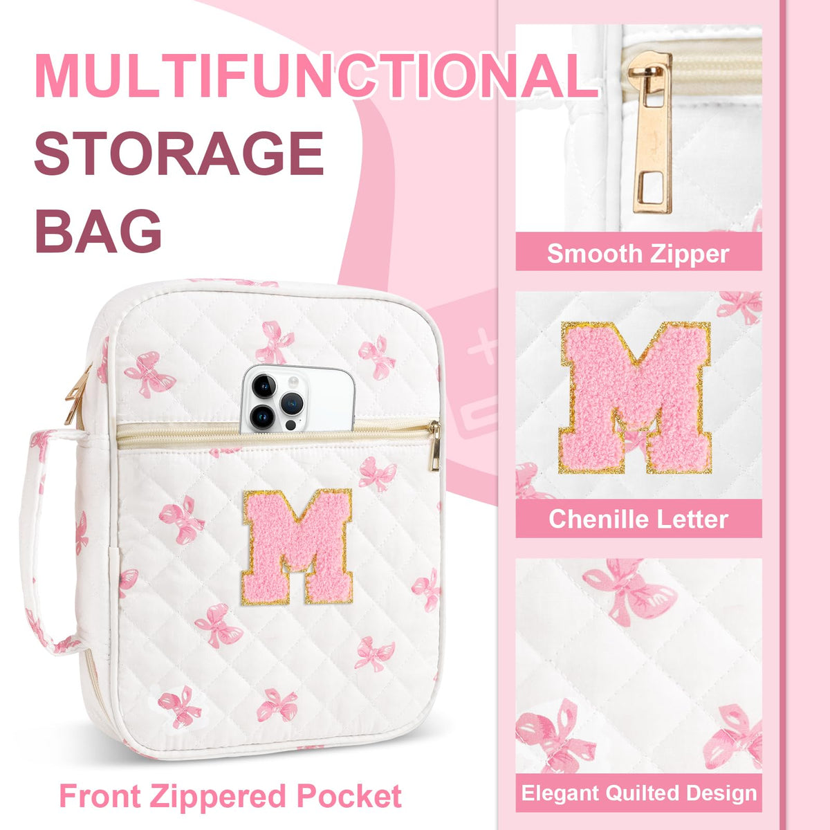 Personalized Initial Bible Cover Case for Women Girls Kid - Large Quilted Bible Case with Handle, Stylish Chenille Letter Bag Study Supplies, Perfect Christmas Gifts for Christians Women (Pink Bow-M)