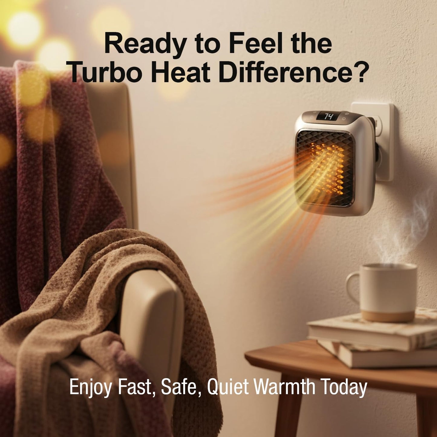Ontel Handy Heater Turbo Wall Outlet Plug In Heater – Portable Indoor Ceramic Space Heater w/Adjustable Thermostat, 12-Hour Timer, Auto Shut Off, Quiet – Plug In Wall for Office, Bedroom, Camping