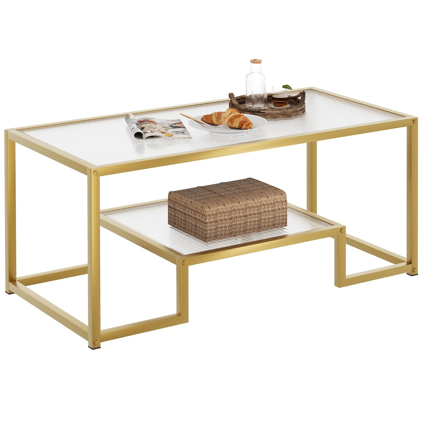 Wolawu Coffee Table Gold Glass Coffee Table for Living Room,2 Tiers Rectangle Center Table with Ribbed Glass Top and Sturdy Metal Frame,Modern Glass Accent Table for Bedroom Home Office