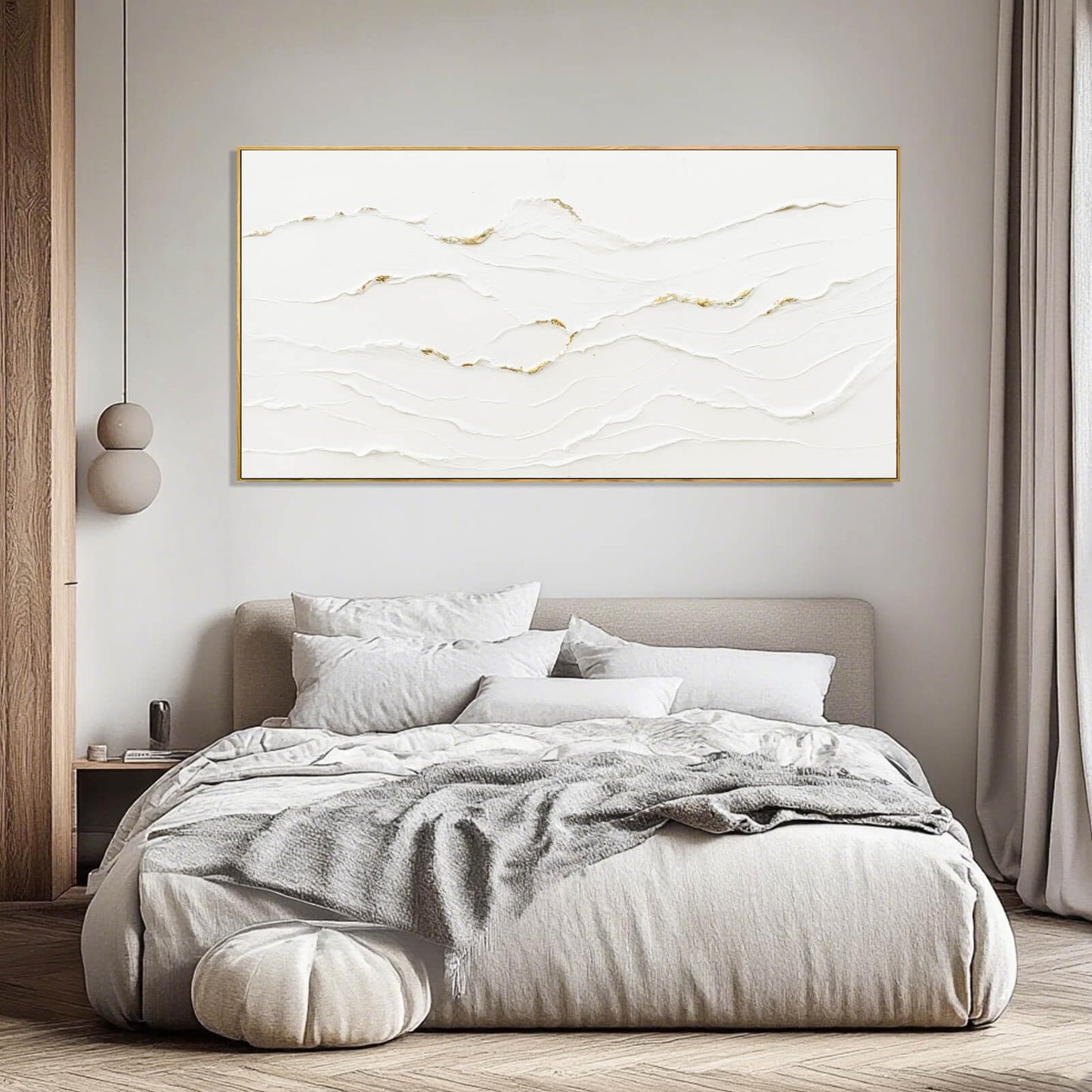 WINKAILIN Minimalist White and Gold Line Artwork with Frame Hand Painted Abstract Canvas Wave Wall Art for Bedroom Living Room Office 24"x48"