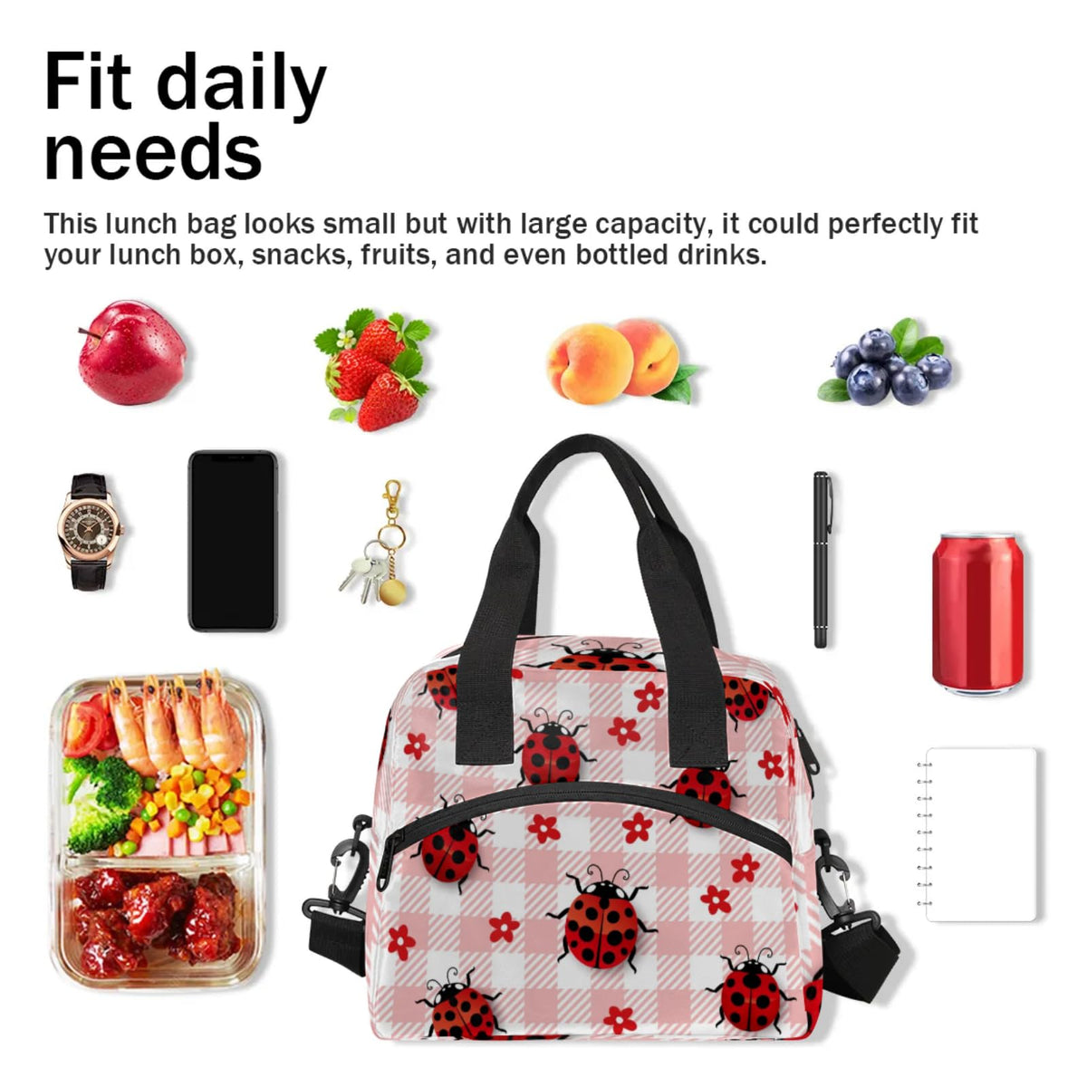 Eizlang Coccinella Septempunctata Insulated Lunch Bag for Women Men Reusable Cooler Lunch Box Freezable Tote Lunch Bag Organizer with Adjustable Shoulder Strap for Work
