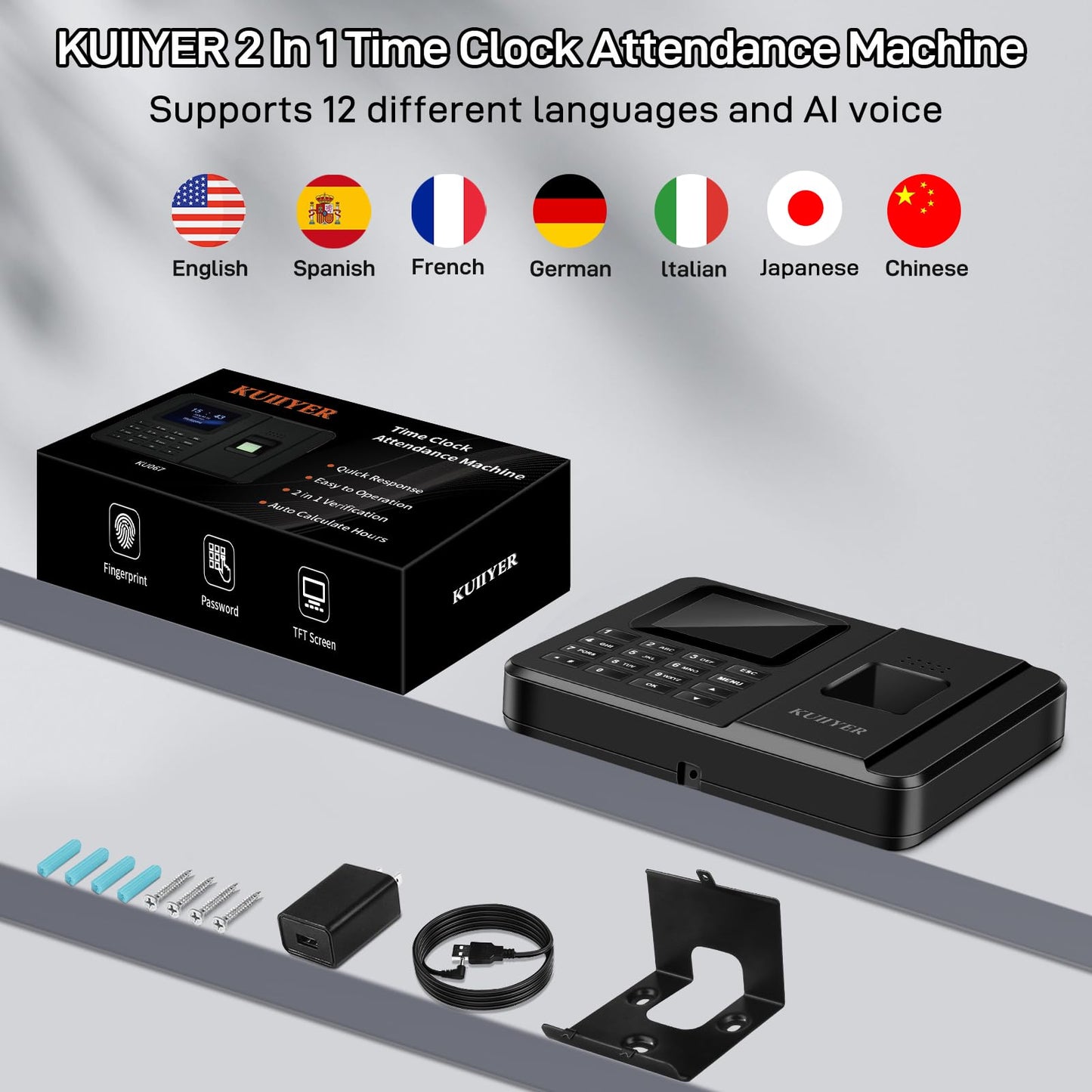 KUIIYER 2 in 1 Employees Time Clocks for Small Business (Fingerprint + Password) Employee Clock in & Out Machine Biometric Attendance Punch Clock Recorder Tracker (No Monthly Fee)