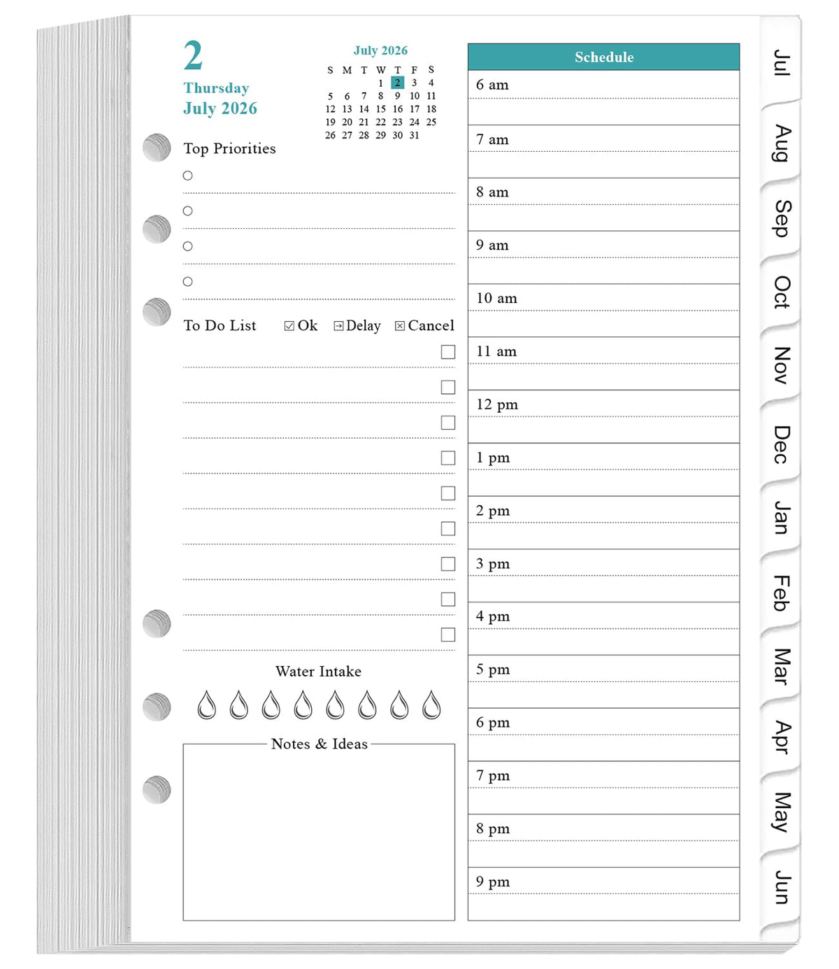 2026-2027 Planner Refills for A5 Binder - One Page Per Day Daily & Monthly Planner, July 2026 - June 2027, Prioritized, To-Do List, Notes, Appointment Schedule, 6-Hole Punched, 5.8" x 8.3"