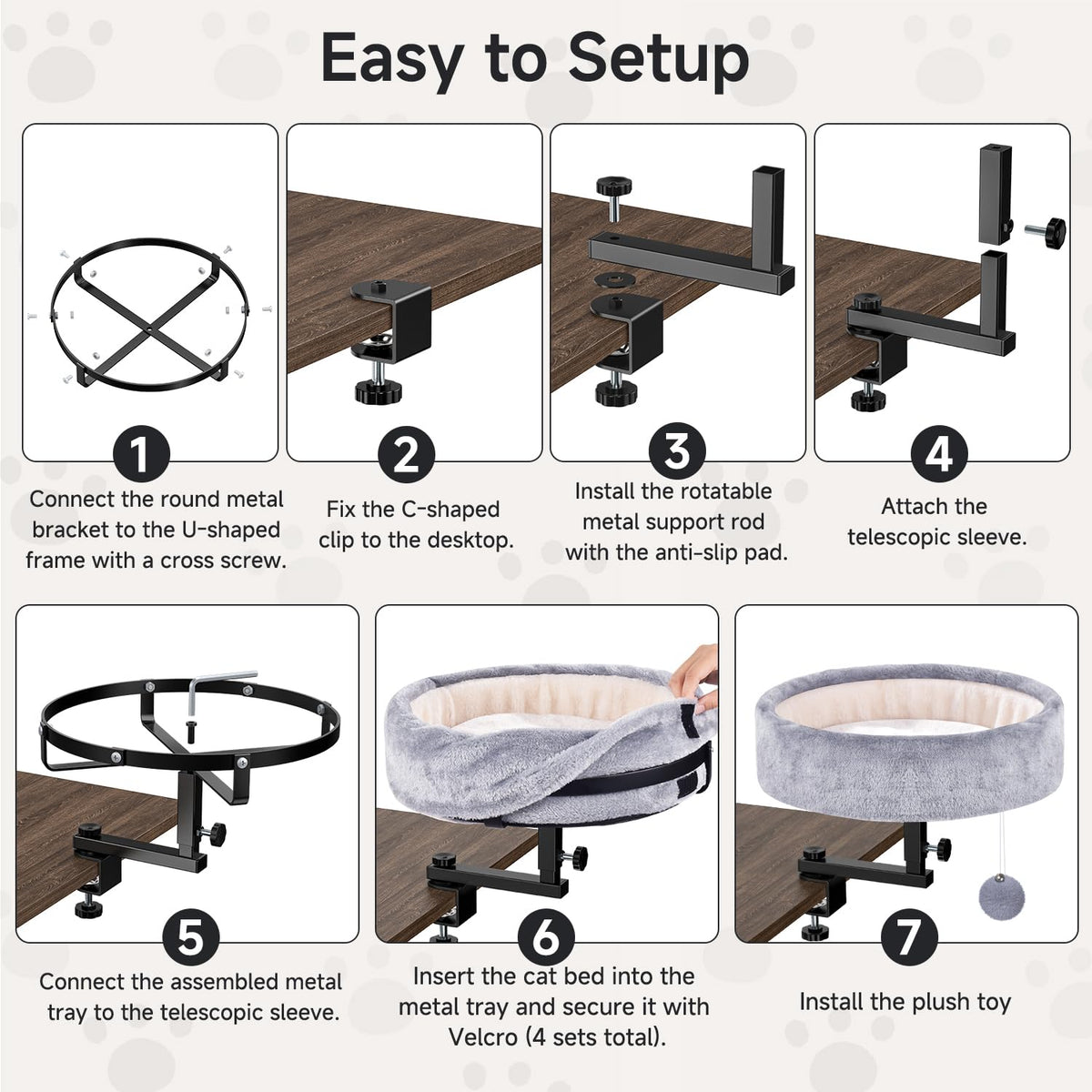Chumajor Cat Desk Bed - 360° Rotating & Adjustable, Supports 50 lbs, Soft Faux Fur with Dual-Sided Reversible Mat, Modern Indoor Cat Nest Furniture for Office Desks and Game Tables, Island Table