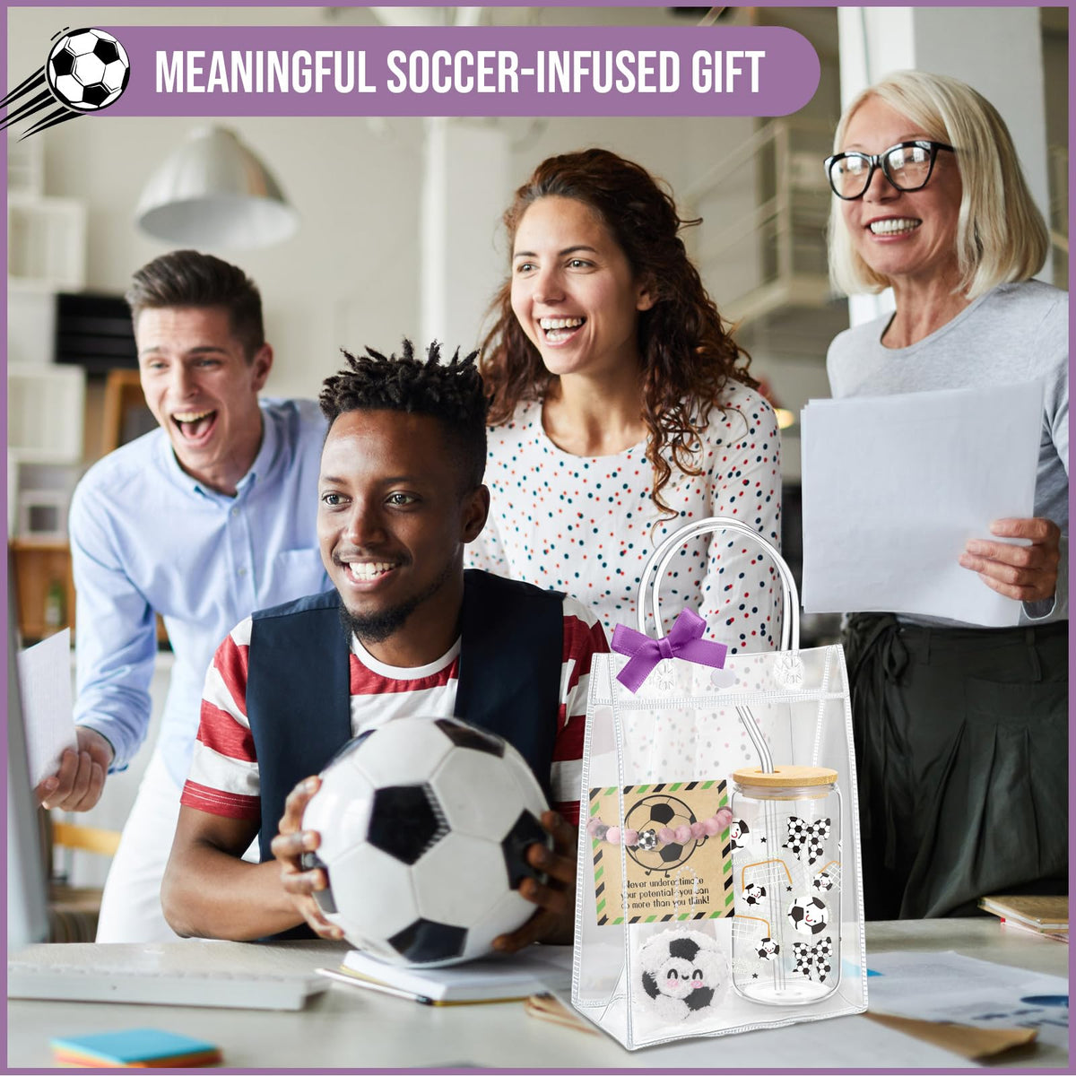 Roshtia 6 Pcs Soccer Lover Gifts Straw Glass Cup Support Doll Natural Stone Bracelet with Ribbon Card Bag Office Inspirational Gift for Coworker Team Player Sport Party Favor