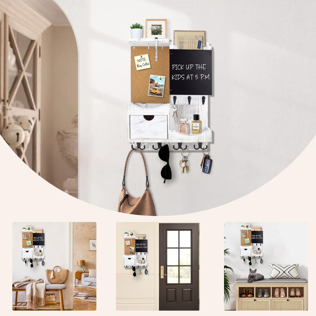 HEKOOLA Key Holder Wall Mount, Mail Organizer Key Holder for Wall with Shelf, Drawer, Chalkboard, Corkboard, Home Decor Wall Mounted for Room Entryway(Whitewashed)