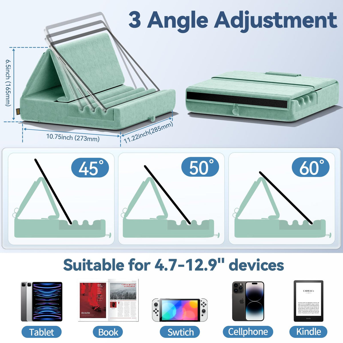 KDD Tablet Pillow Holder, Foldable iPad Stand for Lap, Bed and Desk -Tablet Soft Pad Dock with Pocket & Stylus Mount Compatible with iPad Pro 12.9, 10.5, 9.7 Air Mini 6 5 4 3, E-Reader