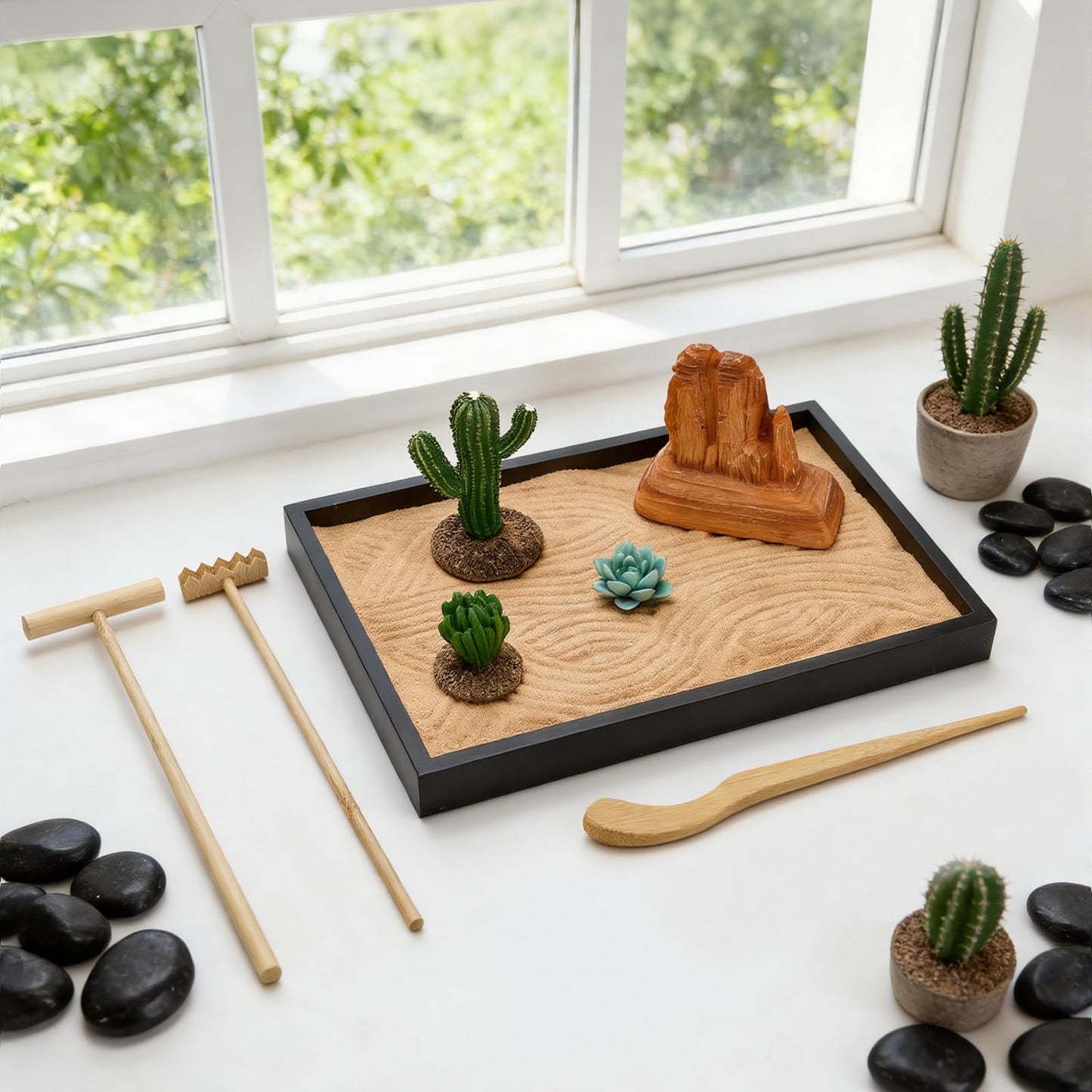 Desert Zen Garden Kit for Desk,12.6x8.6in Premium Sand Tray with 4 Artificial Features, Brown Sands, 3 Wood Tools,Mini Southwestern Desert Decor Zen Sand Garden Set for Home, Office Desk