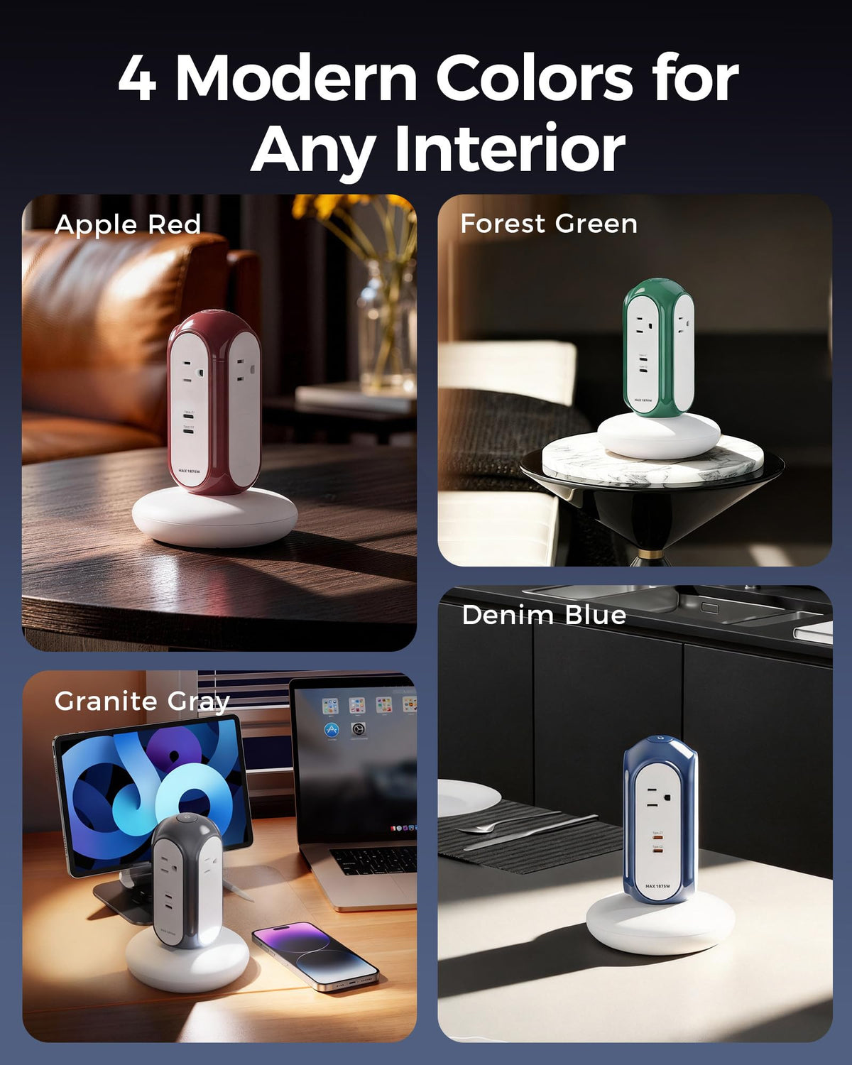 MiaoLab Power Strip Tower with 2 USB-C Ports (30W Fast Charing), 1420J Surge Protector, 4 AC Outlets, 6.6FT Extension Cord with Overload Protection, 1875W/15A Charging Station for Home Office Desk