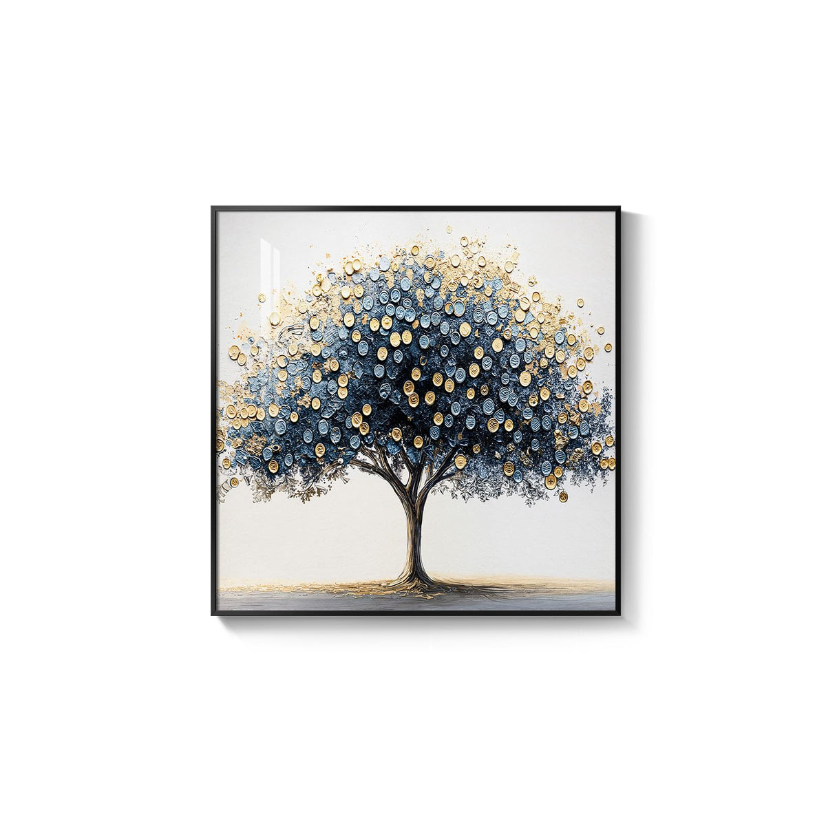 Framed Square Tree of Life Wall Art, Blue Gold Modern Money Tree Painting Prints, Minimalist Elegant Luxury Abstract Tree Artwork for Living Room Bedroom Kitchen Hallway Office Home Decor, 30x30 Inch