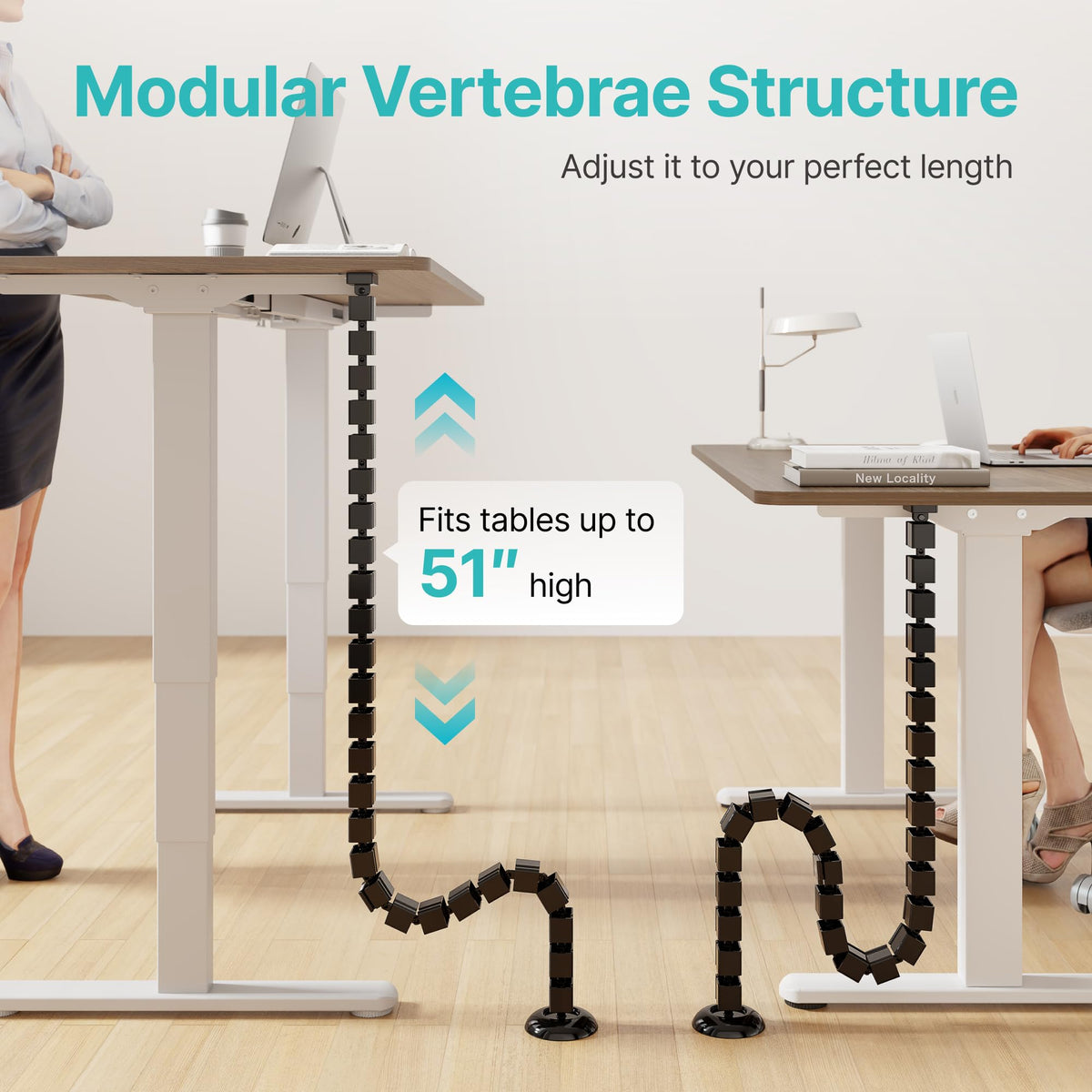 PEGZONE Under Desk Cable Management Spine – Flexible Cable Snake Organizer for Standing Desk, Tool-Free Magnetic Vertebrae Wire Management for 0.4"-2" Table, Black
