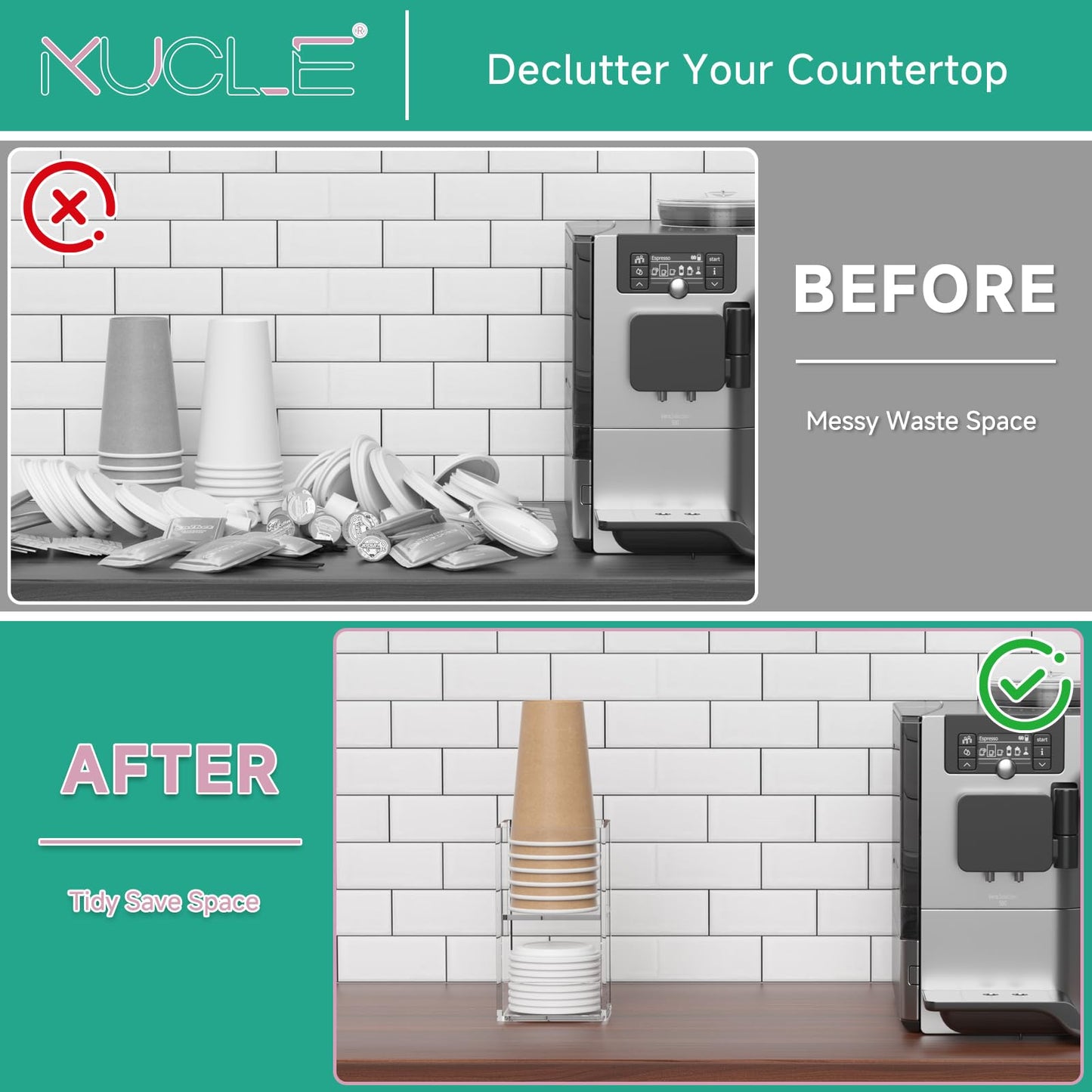 Kucle 2-Tier Coffee Station Organizer for Countertop, 2 Compartments Clear Acrylic Cup and Lid Holder Tea Condiment Storage Upright Coffee Bar Organizer Pod Dispenser for Office Breakroom Home Kitchen