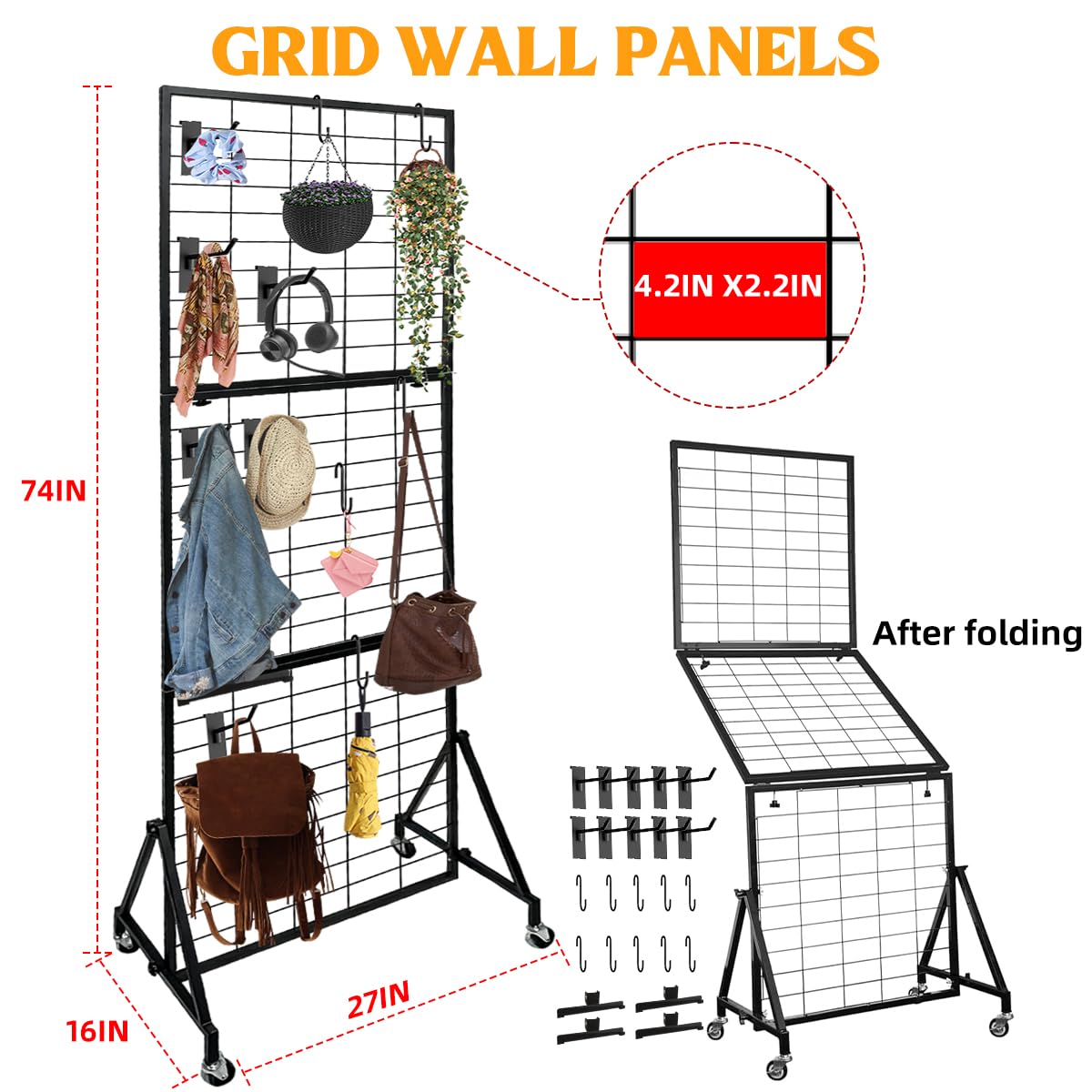 ZERTNROW Heavy Duty Adjustable Grid Wall Panels, Foldable Gridwall Panels with Braked Wheels-Included 24 Hooks,Suitable for Art Fairs Craft Display Retail Storage