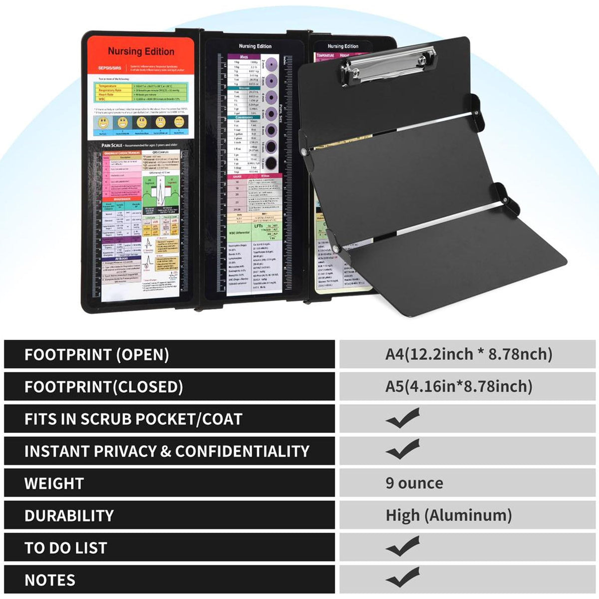 Rokolo Foldable Aluminum Nursing Clipboard with Cheat Sheets - Black (Letter Size, 30 Sheet Capacity)