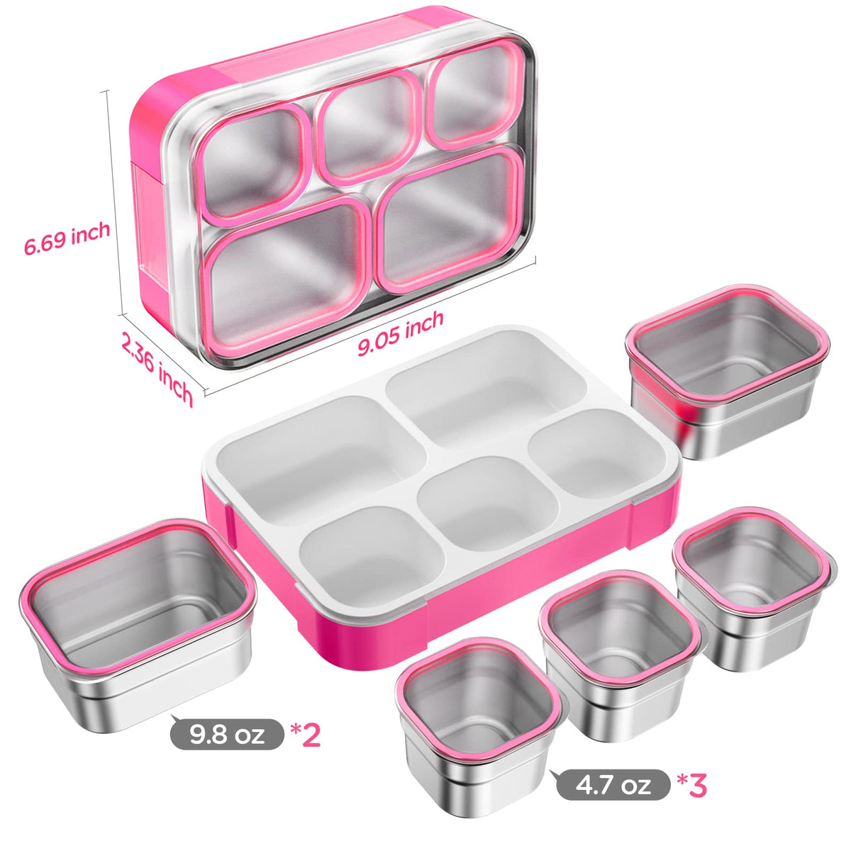 DaCool Stainless Steel Lunch Box Bento for Kids Adults Leakproof BPA-Free Metal Lunch Containers Tray 5-Compartment with Fork for Girls Food Snack Containers for School Outdoors, Pink