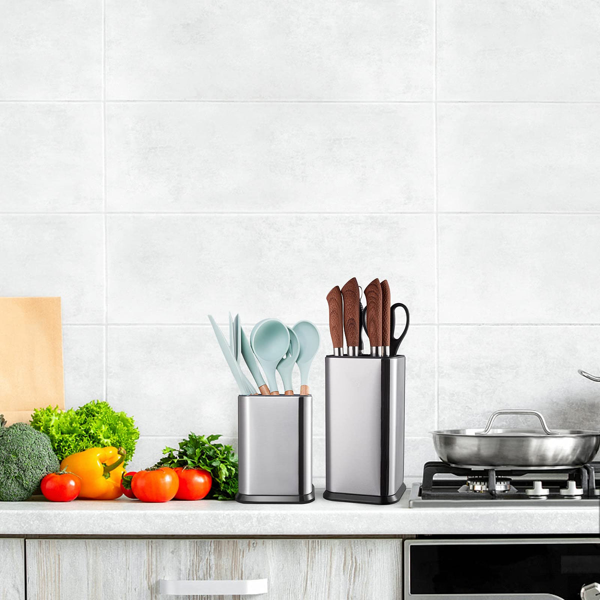RedCall Stainless Steel Kitchen Utensil Holder for Countertop, Spoon Spatula Organizer,Modern Rectangular Large Cooking Utensil Caddy Counter,Utensil Crock Silver