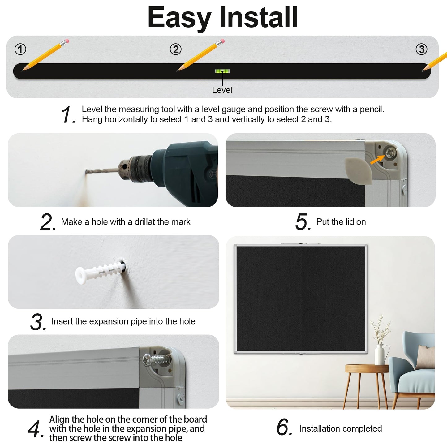 Large Cork Bulletin Board, 48 X 36 in Foldable Silver Aluminium Frame Noticeboard for Wall, 4'x 3' Large Wall Mounted Memo Notice Pin Board with 28 Push Pins for School, Home & Office (Black)