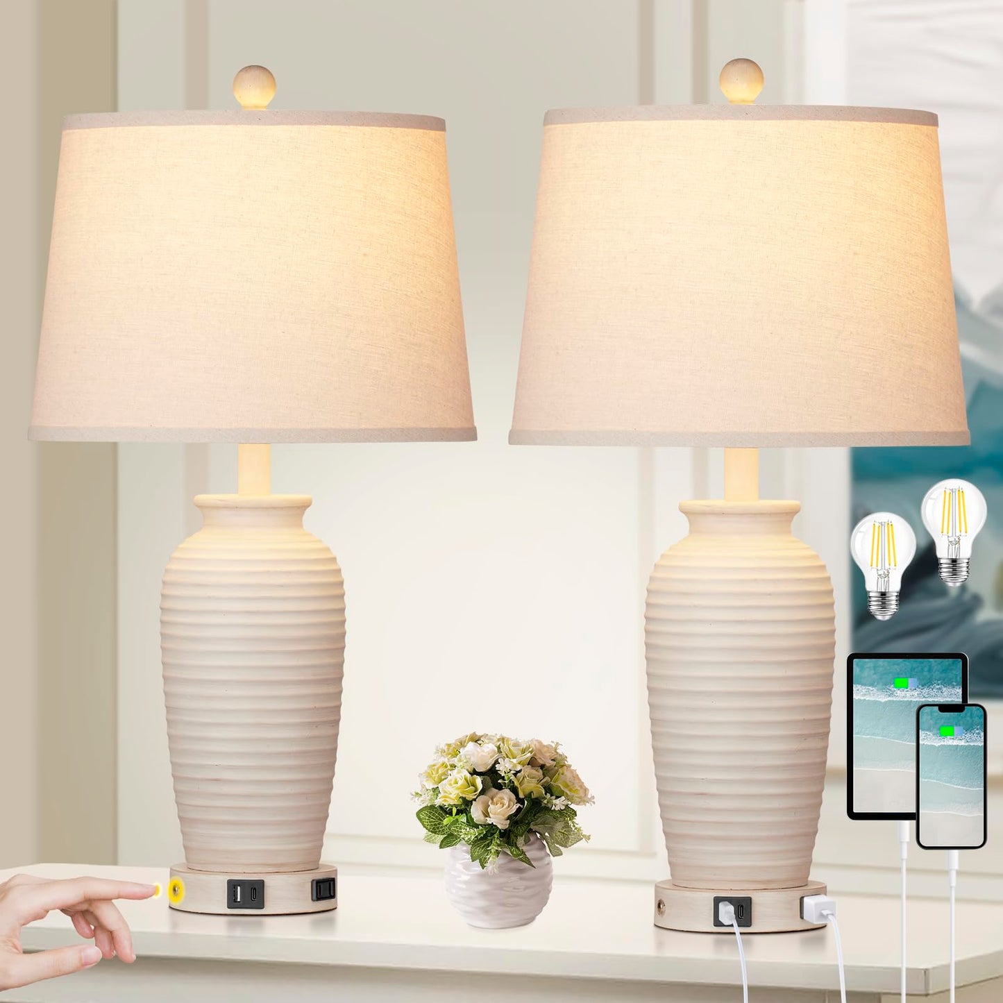 CINSARY 24.3" Farmhouse Jar Table Lamps Set of 2, 3 Way Touch Control Rustic Bedside Lamps with USB A+C Ports & AC Outlet, Pot Nightstand Lamps for Bedroom Living Room (LED Bulbs Included)