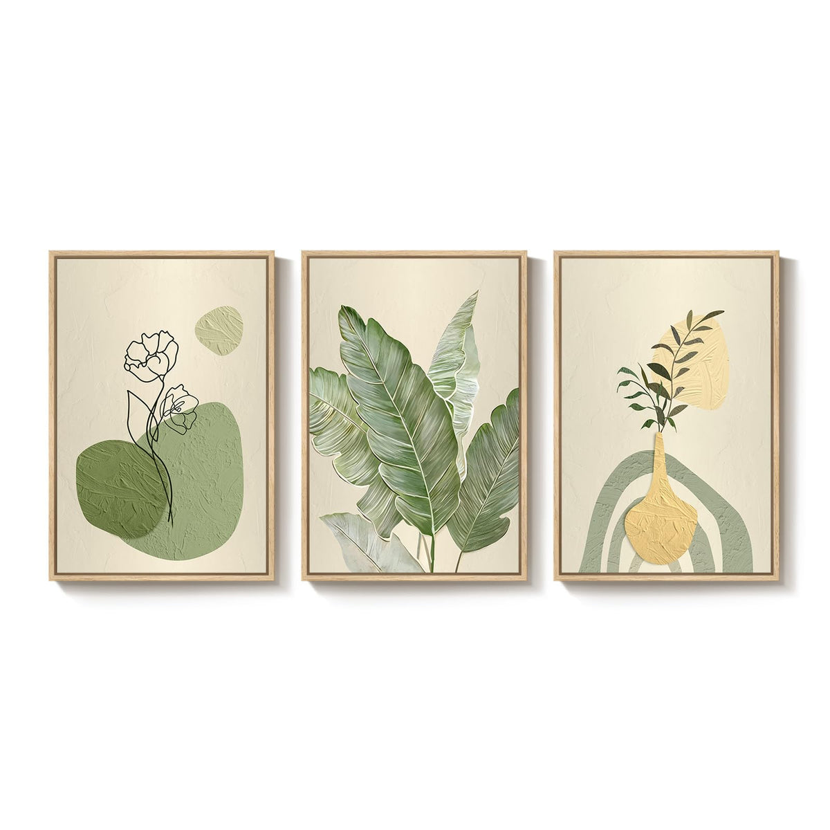 Framed Botanical Modern Wall Art for Living Room, 3 Piece Canvas Prints Boho Floral Green Picturs Wall Decor, Minimalist Neutral Sage Green Plant Wall Art for Bedroom Dining Room Office 16x24