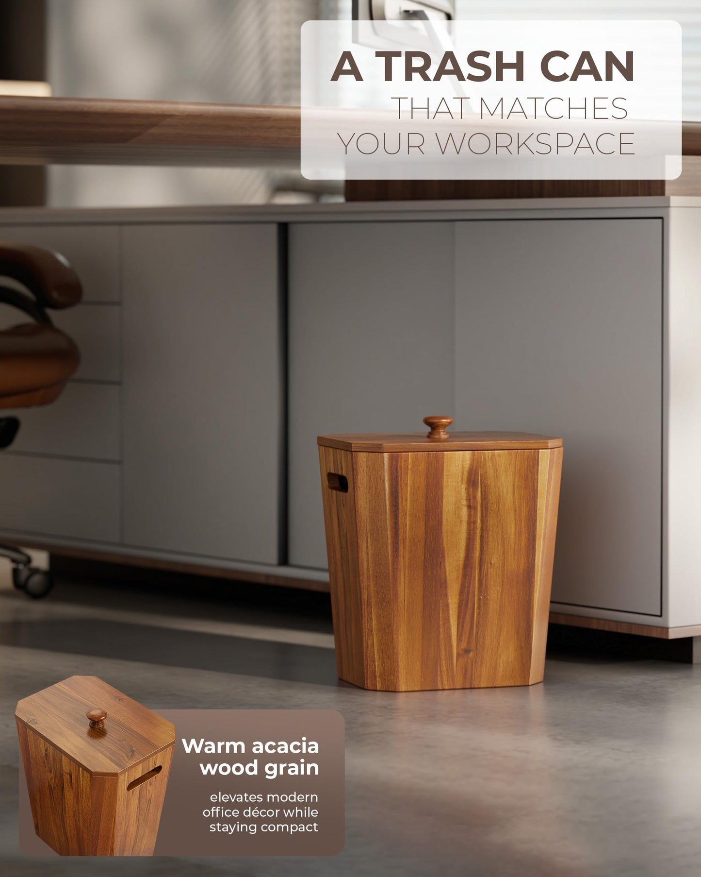 BLUEWEST 2.6 Gallons Acacia Wooden Wastebasket with Lid & PP Liner β Small Trash Can for Bathroom, Bedroom, Office β Decorative Wood Bin with Handle for Under Counter Use