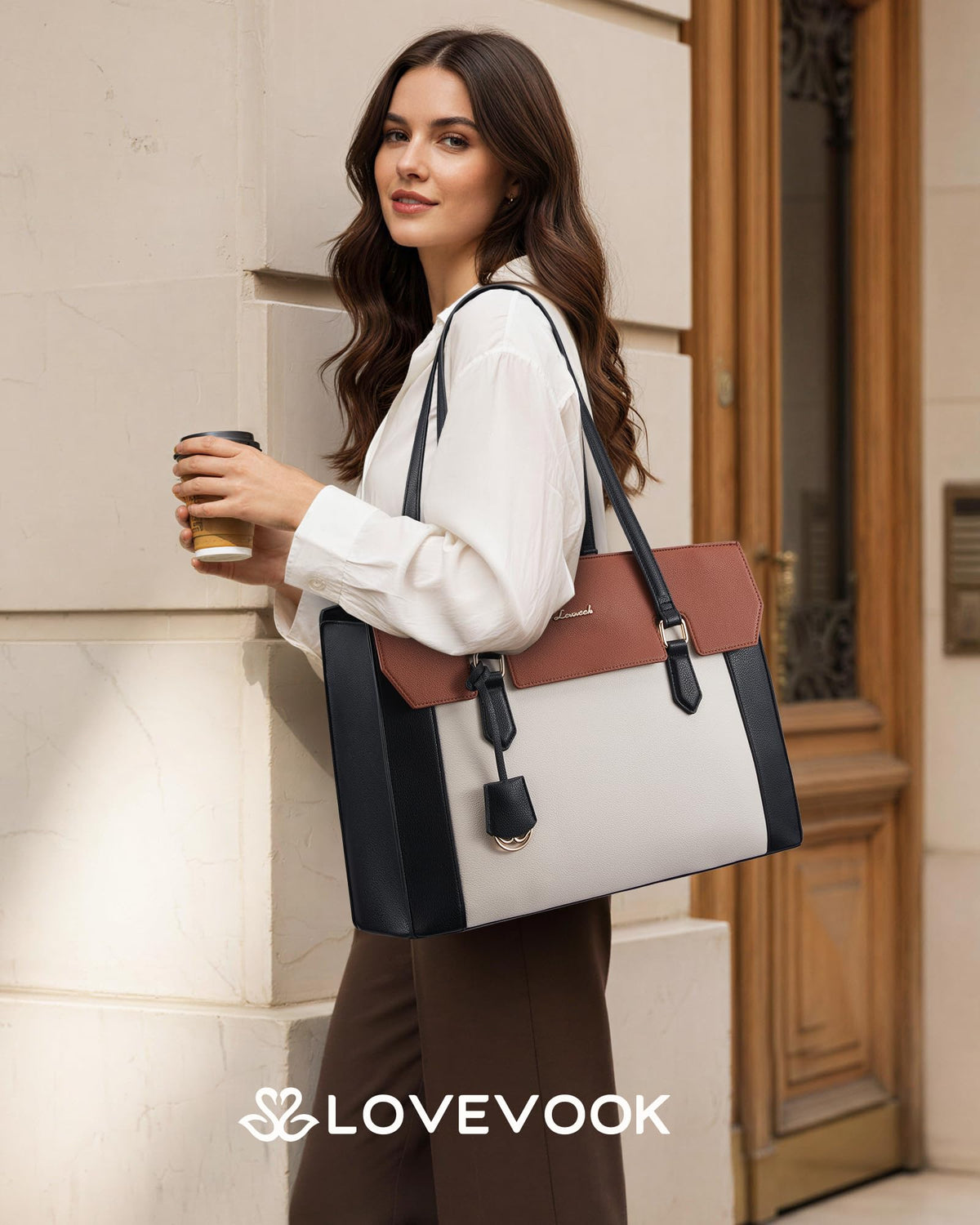 LOVEVOOK Lunch Tote Bag for Women, 15.6 Inch Laptop Work Bag with Insulated Lunch Compartment, Large Capacity Computer Handbag with Cup Holder for Business, Nurse, Teacher, Mommy