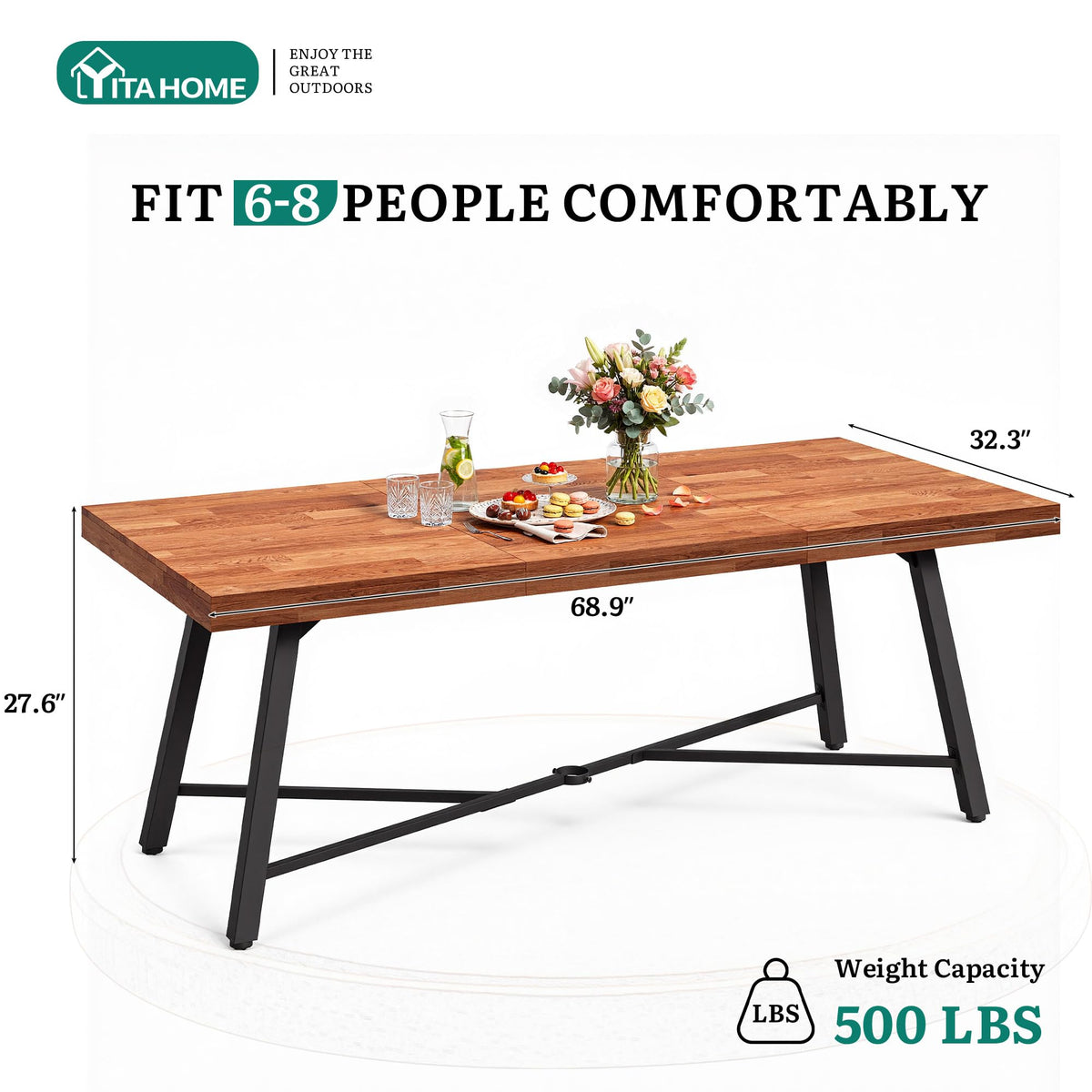 YITAHOME 68.9-Inch Rectangular Dinner Table, Solid Acacia Wood Dining Table with Metal Frame, Heavy Duty Outdoor Wood Rectangle Table for Patio, Garden, 500 LBS Capacity